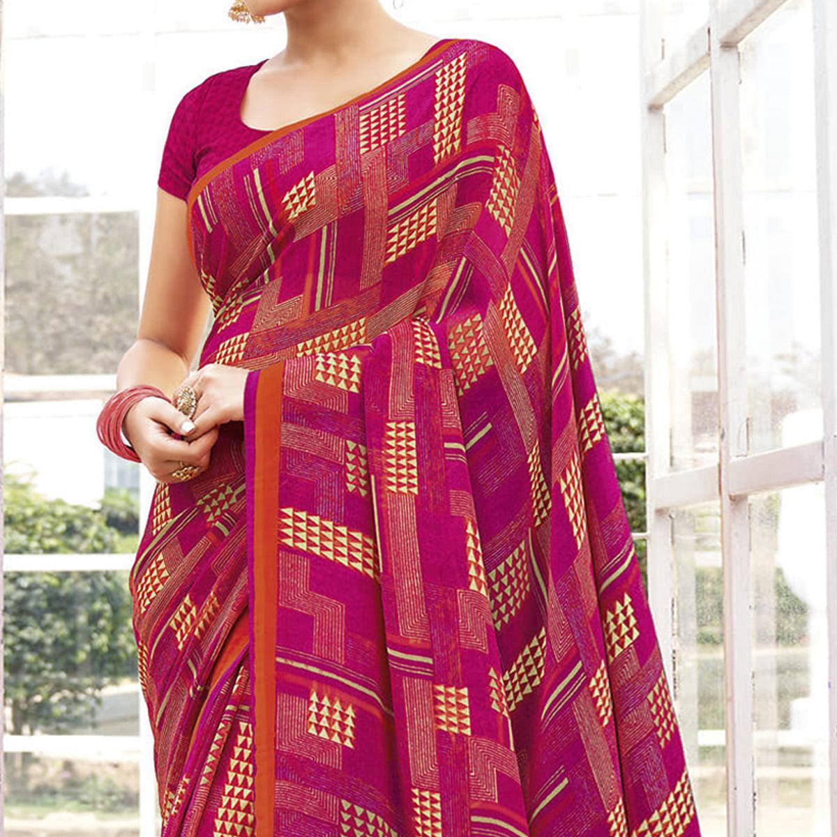 Pink Printed Georgette Saree - Peachmode