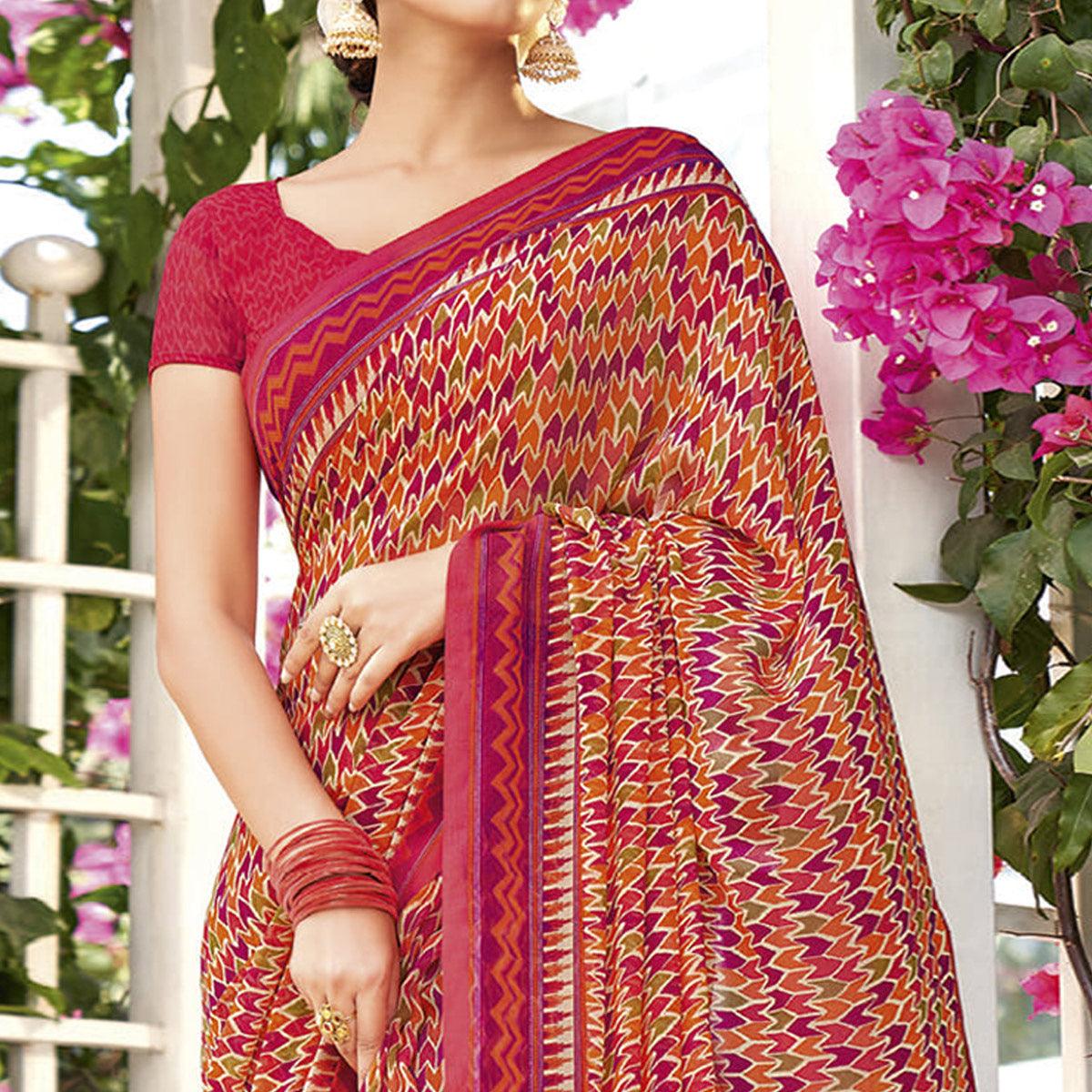 Pink Printed Georgette Saree - Peachmode