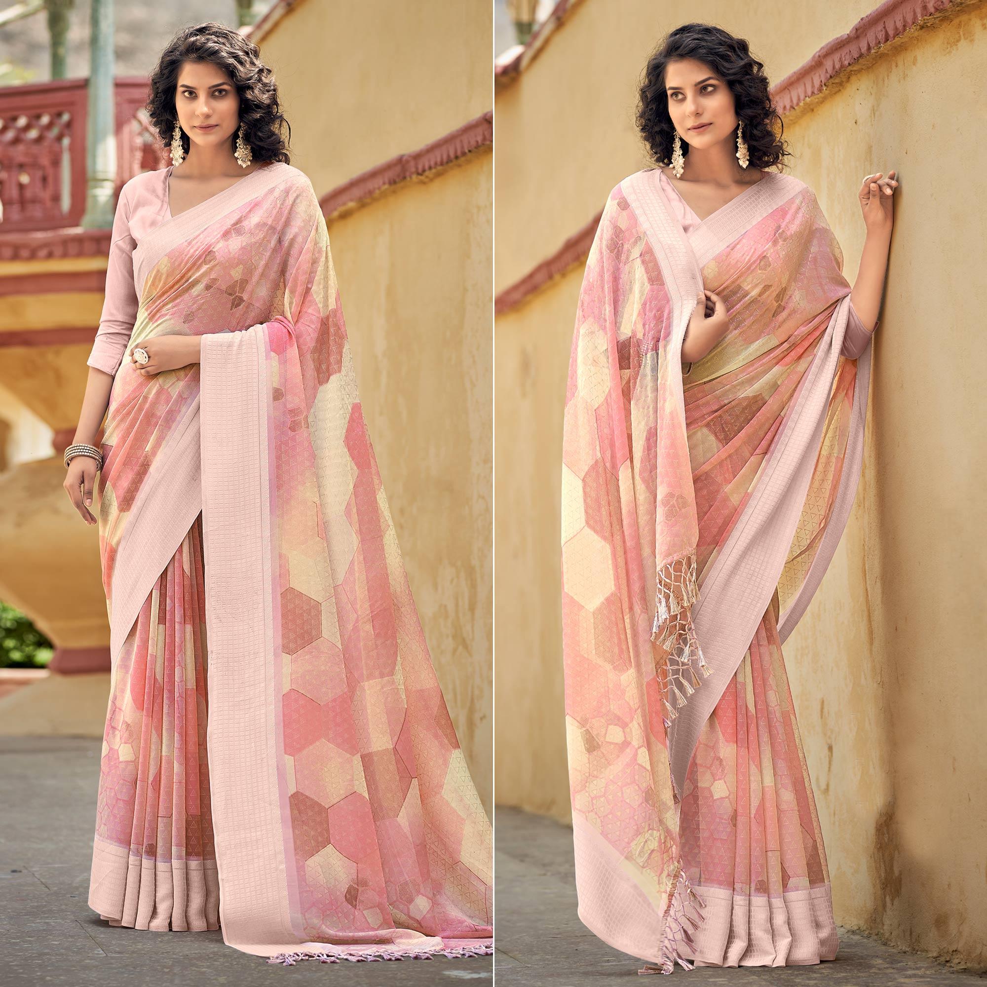 Pink Printed Georgette Saree With Tassels - Peachmode