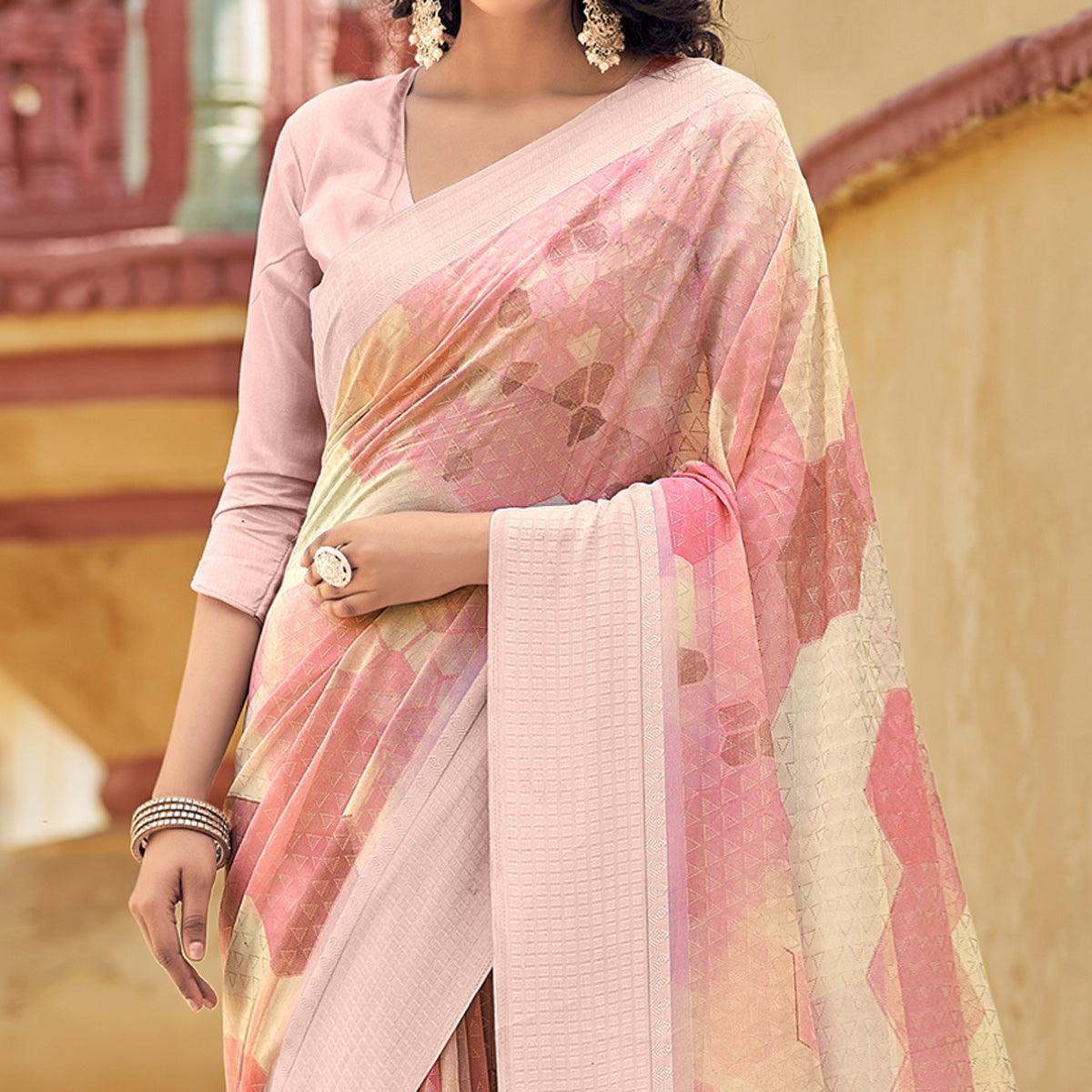 Pink Printed Georgette Saree With Tassels - Peachmode