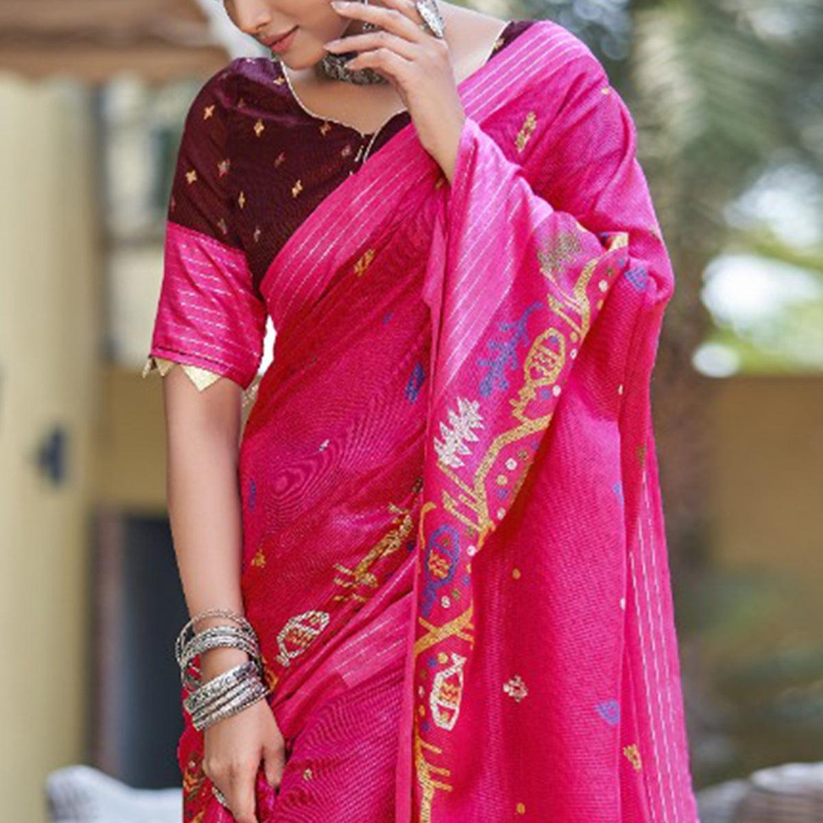 Pink Printed Jute Saree - Peachmode