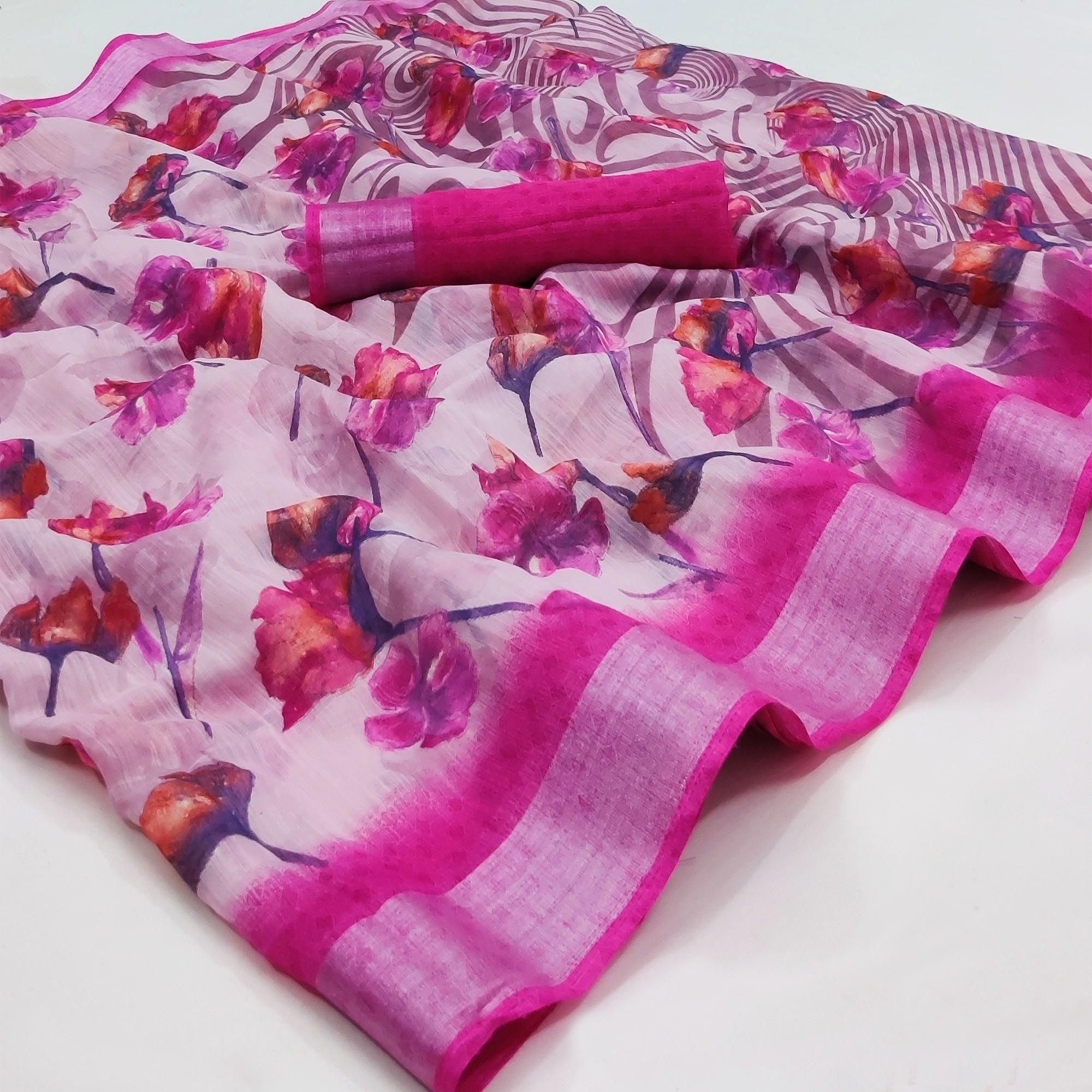 Pink Printed Linen Saree - Peachmode