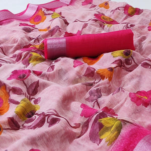Pink Printed Linen Saree - Peachmode