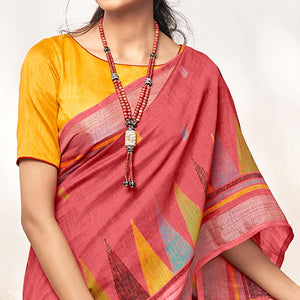 Pink Printed Linen Saree - Peachmode