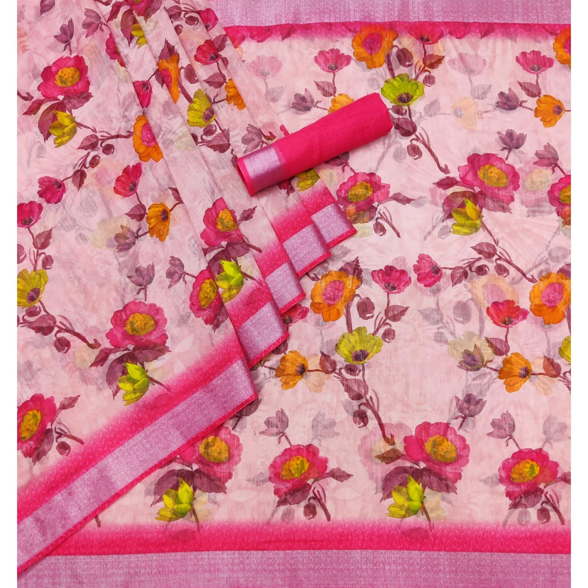 Pink Printed Linen Saree - Peachmode