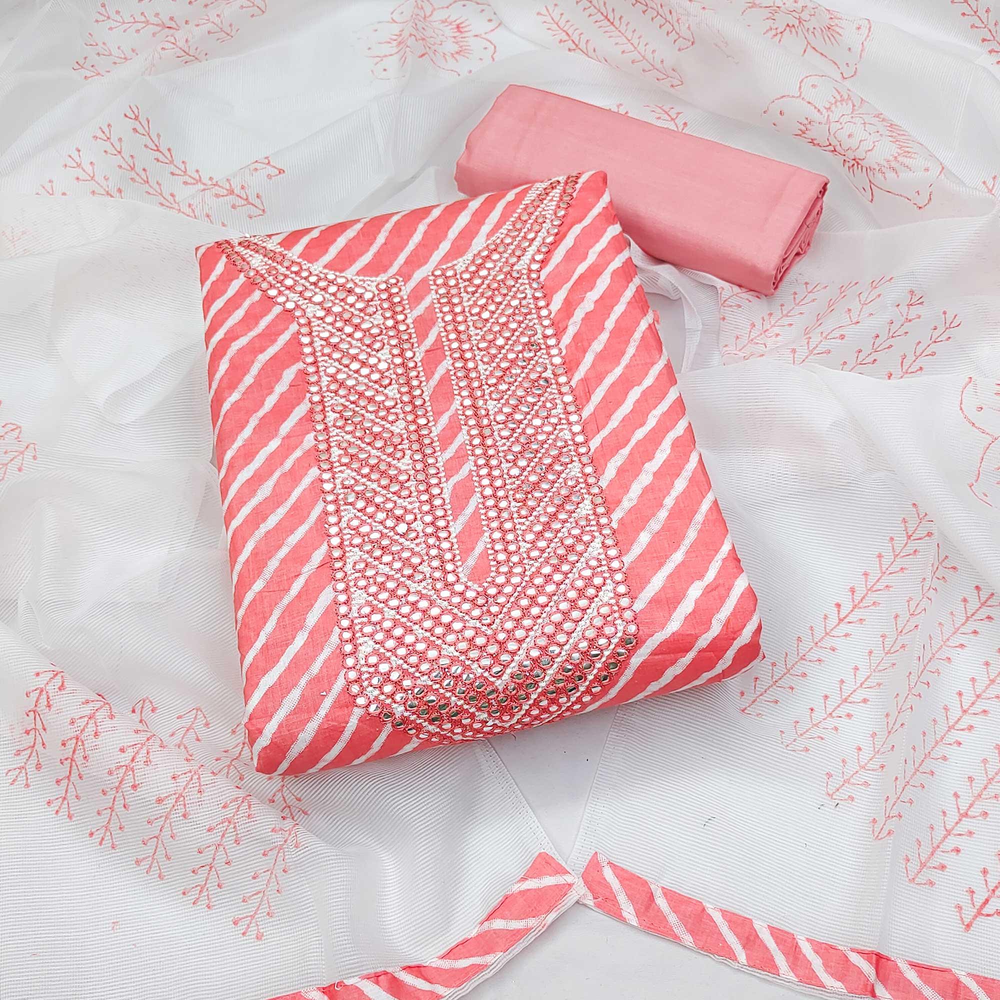 Pink Printed-Mirror Work Pure Cotton Dress Material - Peachmode