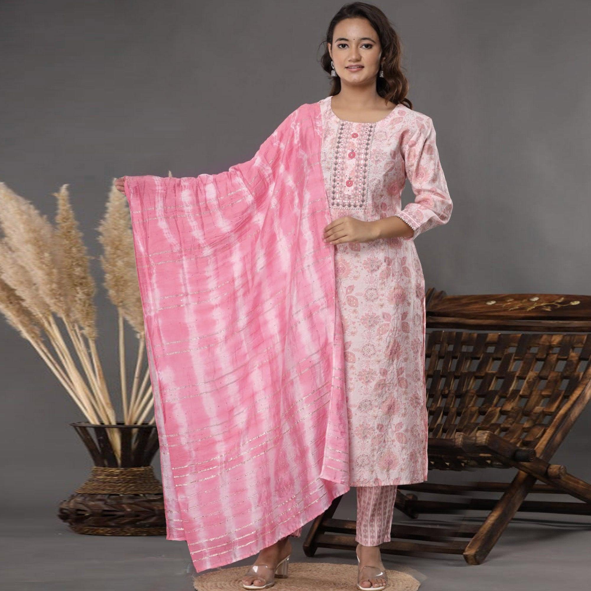 Pink Printed Muslin Kurti Pant Set With Dupatta - Peachmode