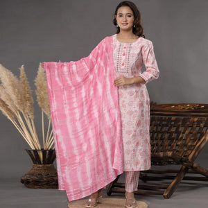 Pink Printed Muslin Kurti Pant Set With Dupatta - Peachmode