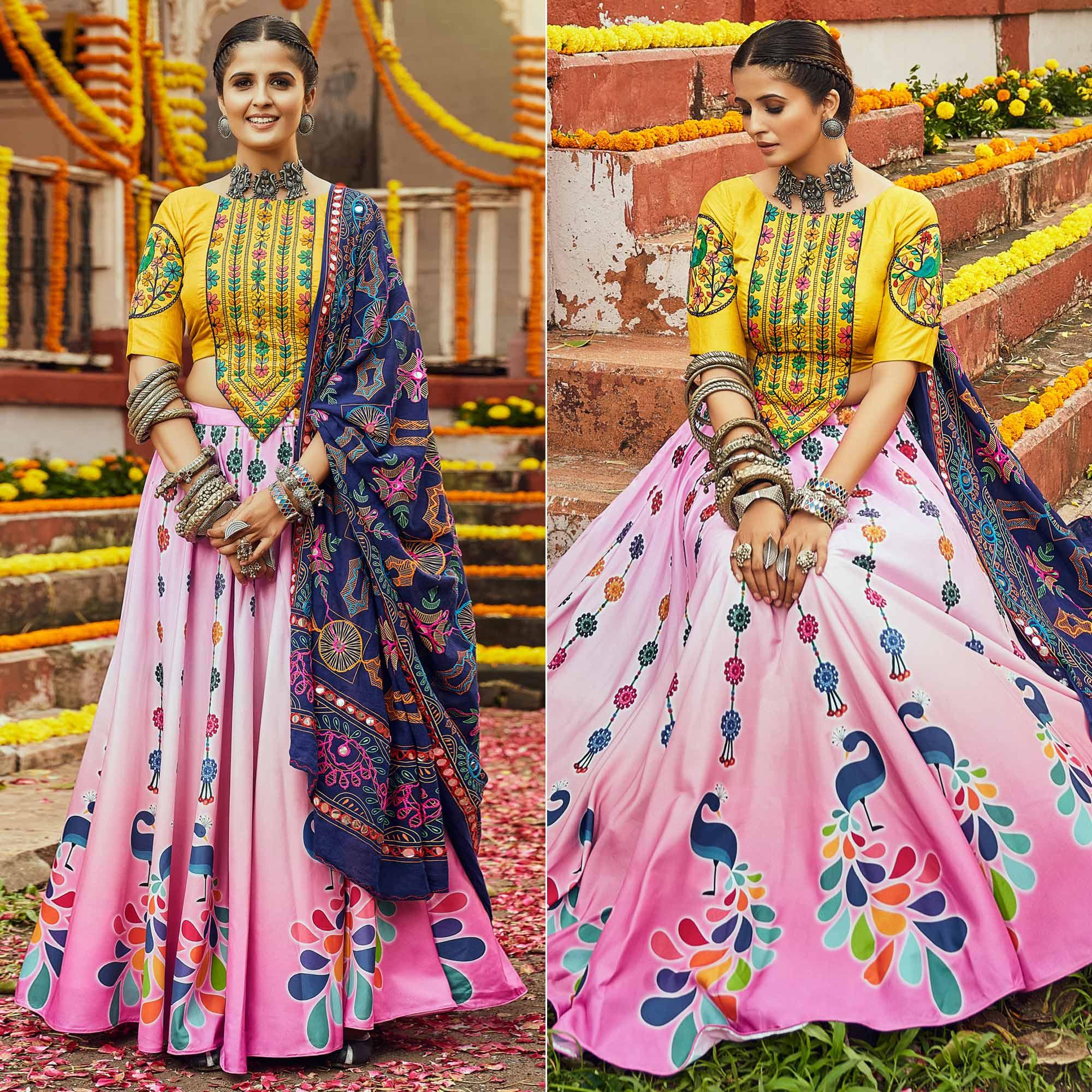 Pink Printed Muslin Lehenga Choli - Peachmode