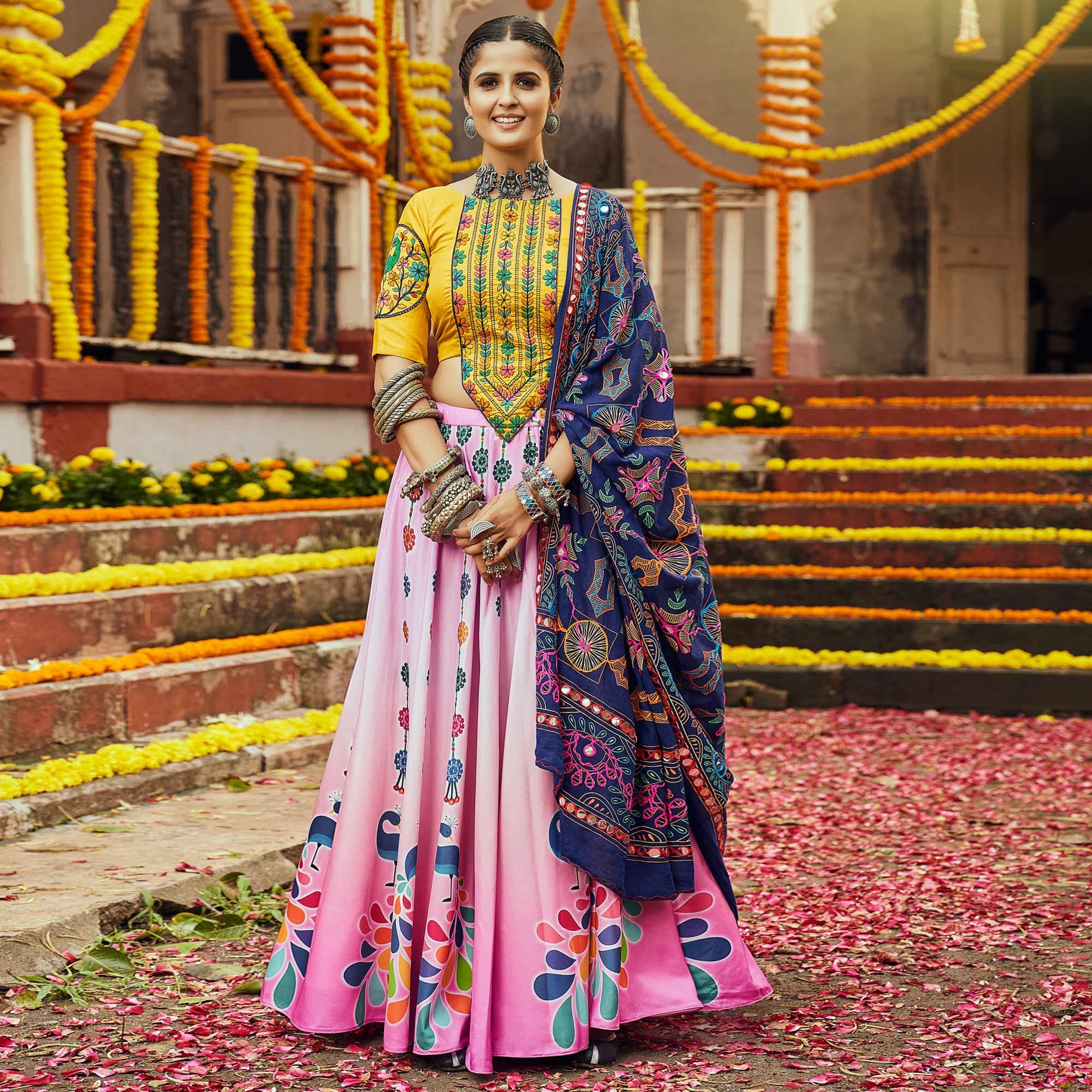 Pink Printed Muslin Lehenga Choli - Peachmode