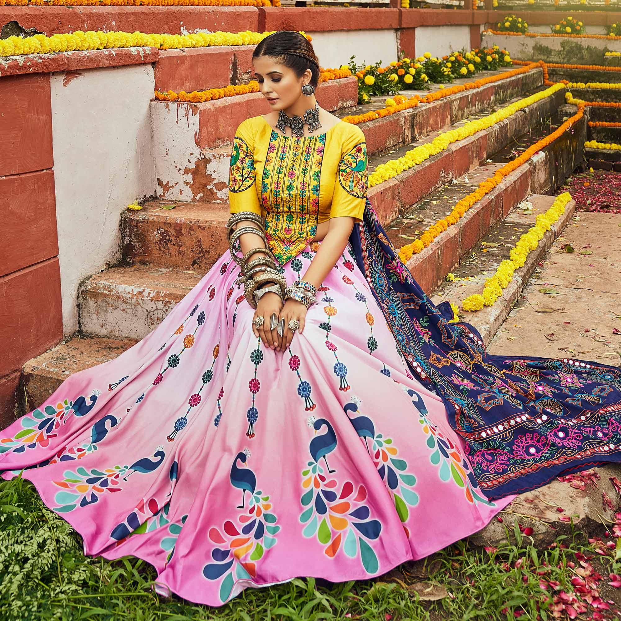 Pink Printed Muslin Lehenga Choli - Peachmode
