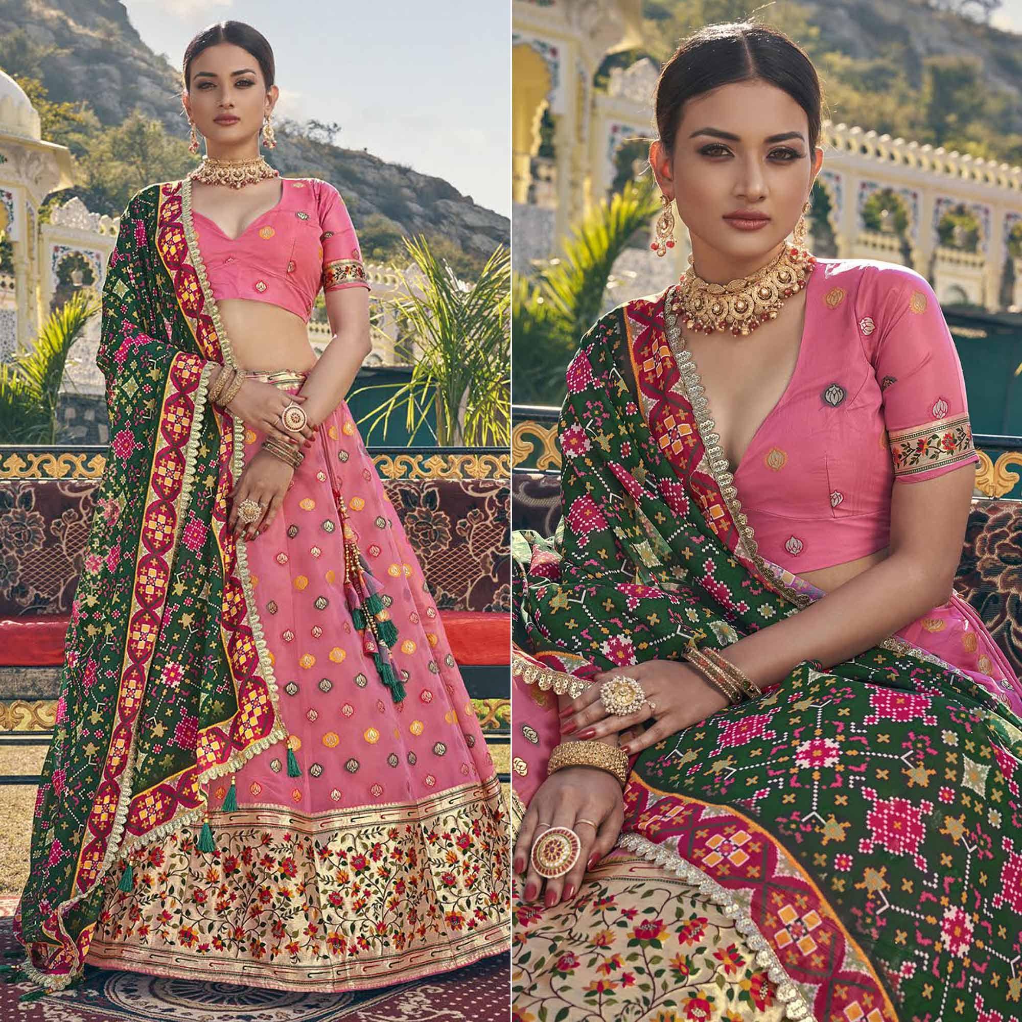 Pink Printed Organza Lehenga Choli - Peachmode