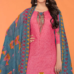 Pink Printed Poly Cotton Dress Material - Peachmode