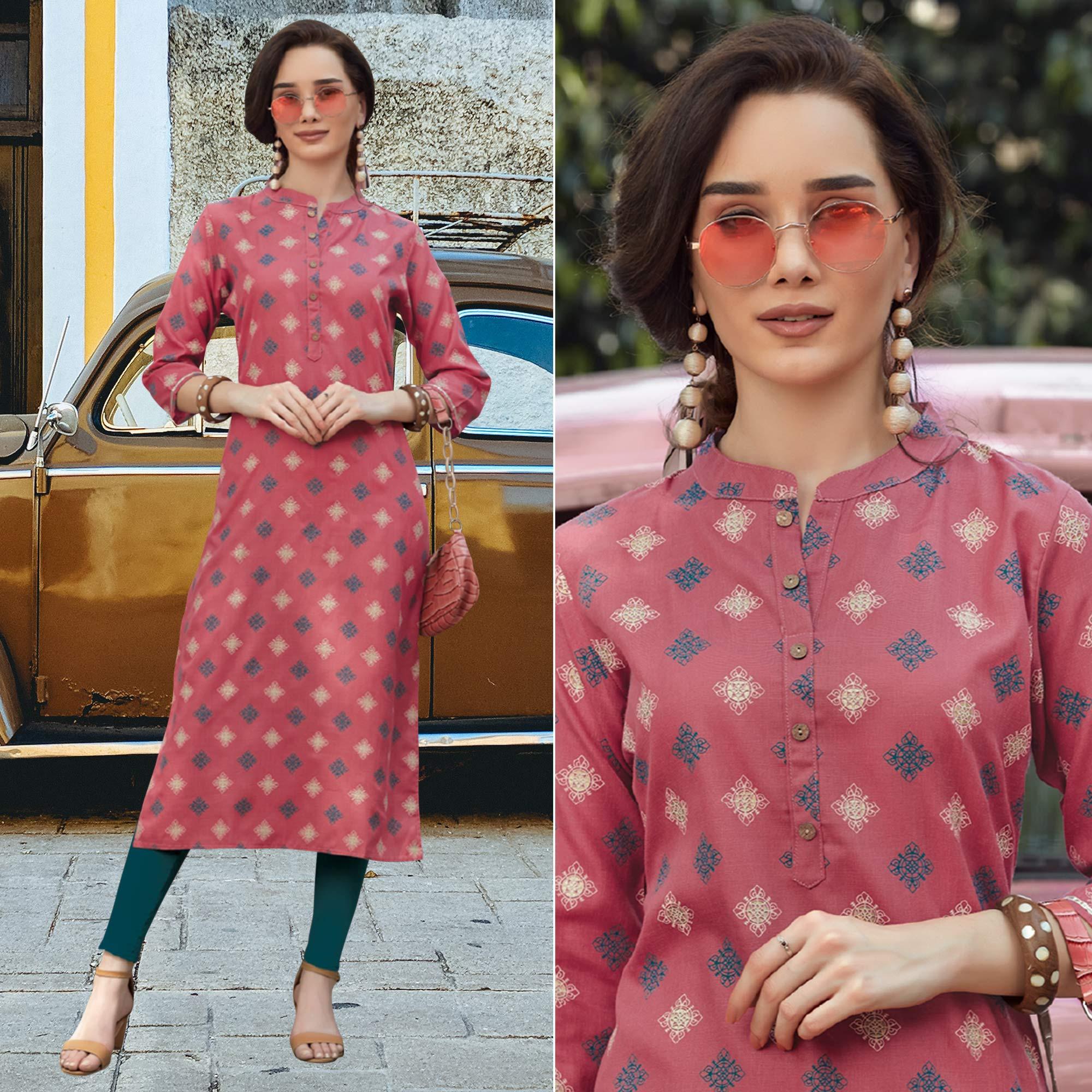 Pink Printed Poly Cotton Kurti - Peachmode