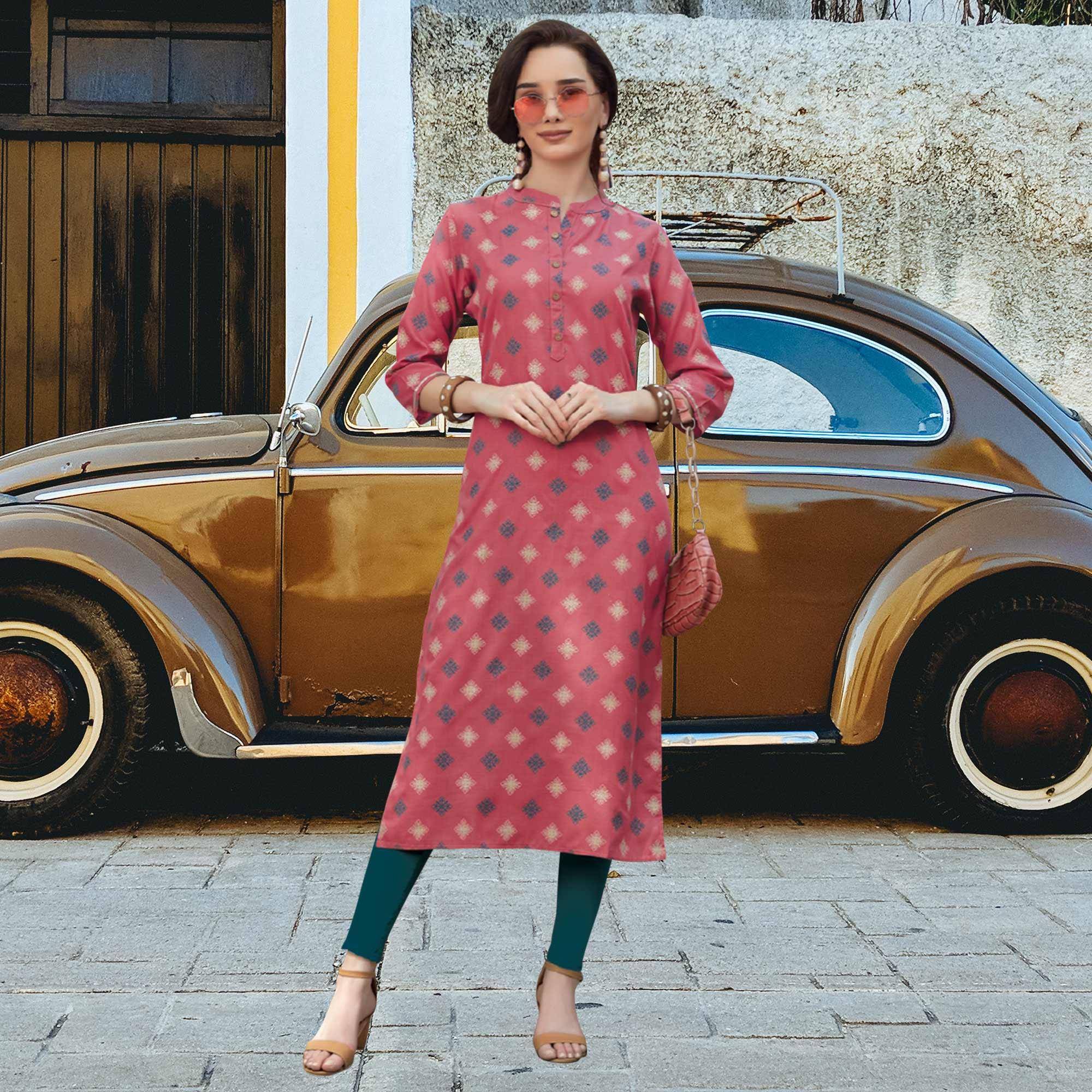 Pink Printed Poly Cotton Kurti - Peachmode