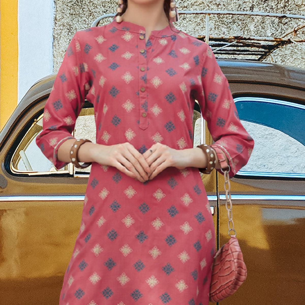 Pink Printed Poly Cotton Kurti - Peachmode