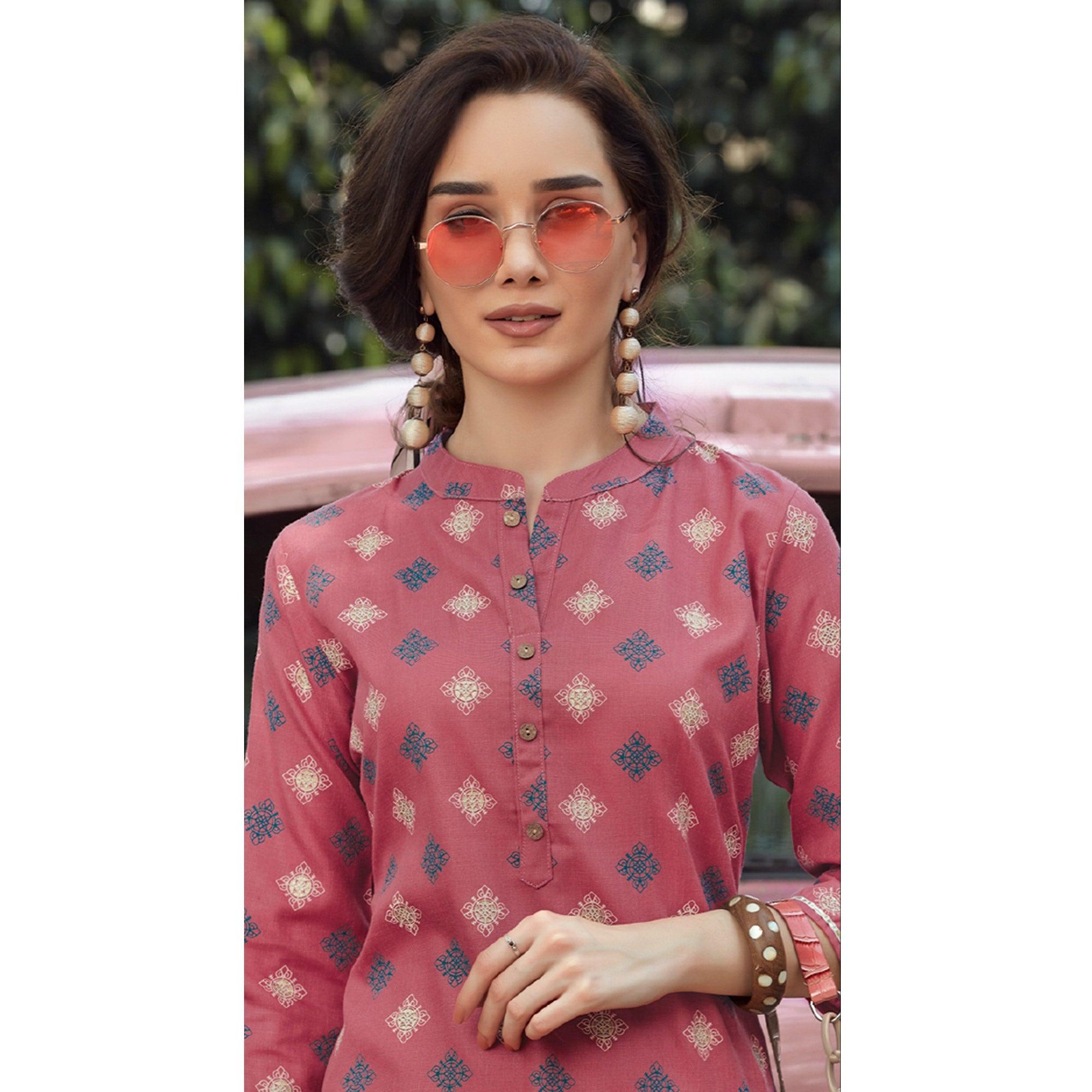 Pink Printed Poly Cotton Kurti - Peachmode