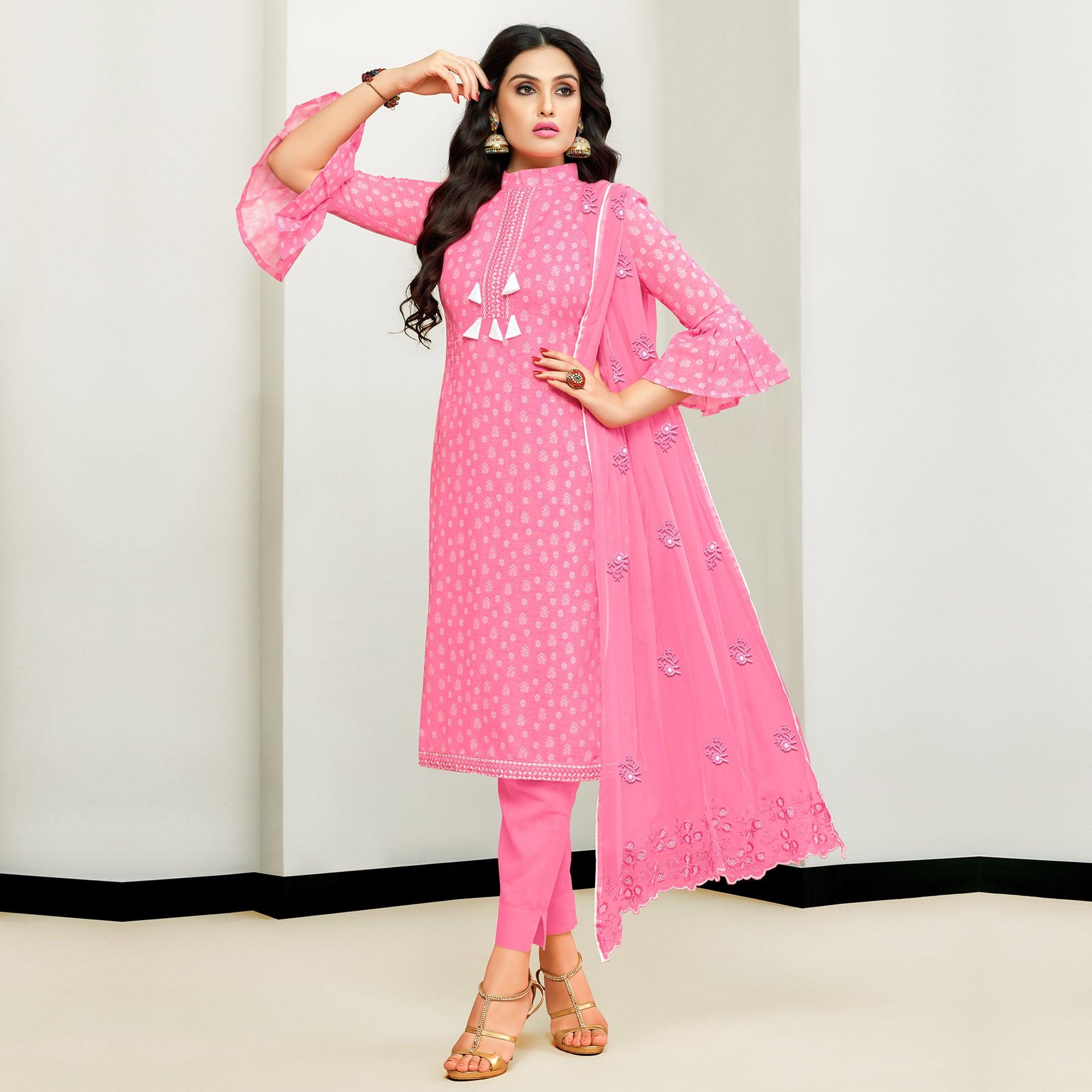 Pink Printed Poly Cotton Suit - Peachmode