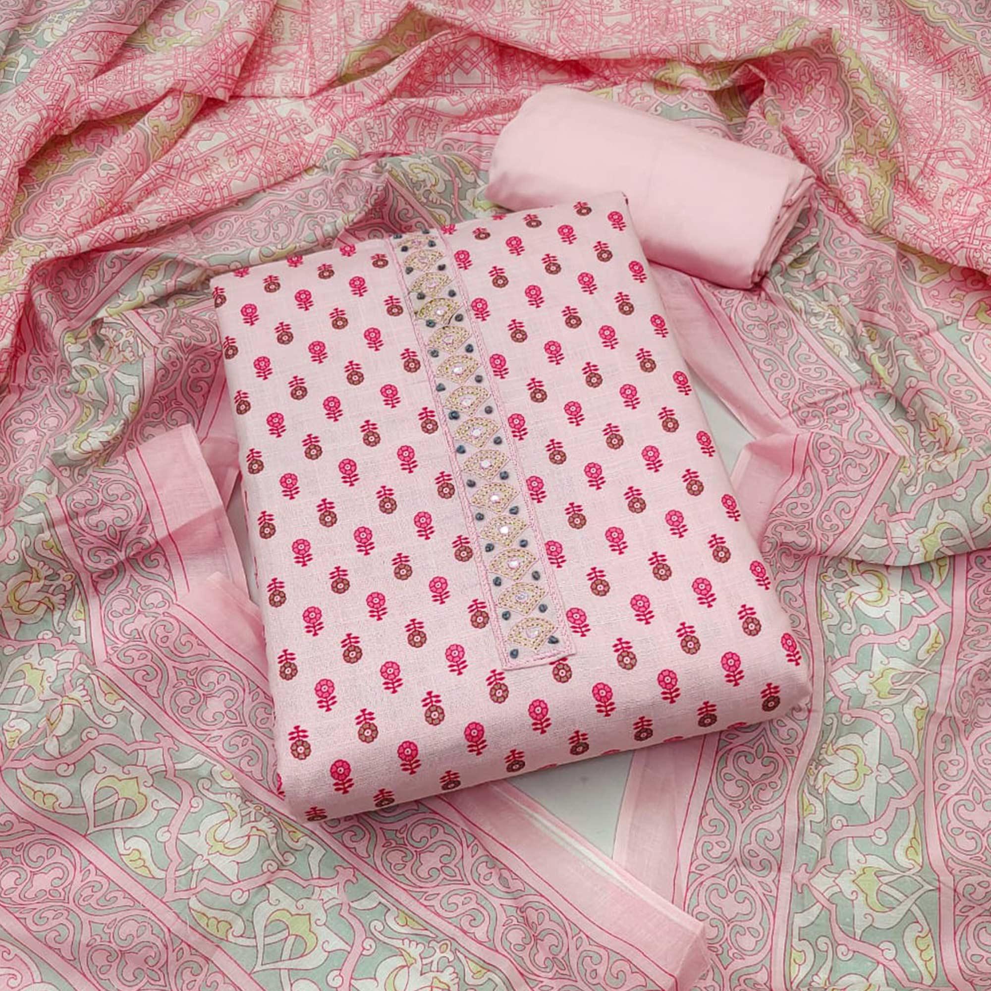 Pink Printed Pure Cotton Dress Material - Peachmode