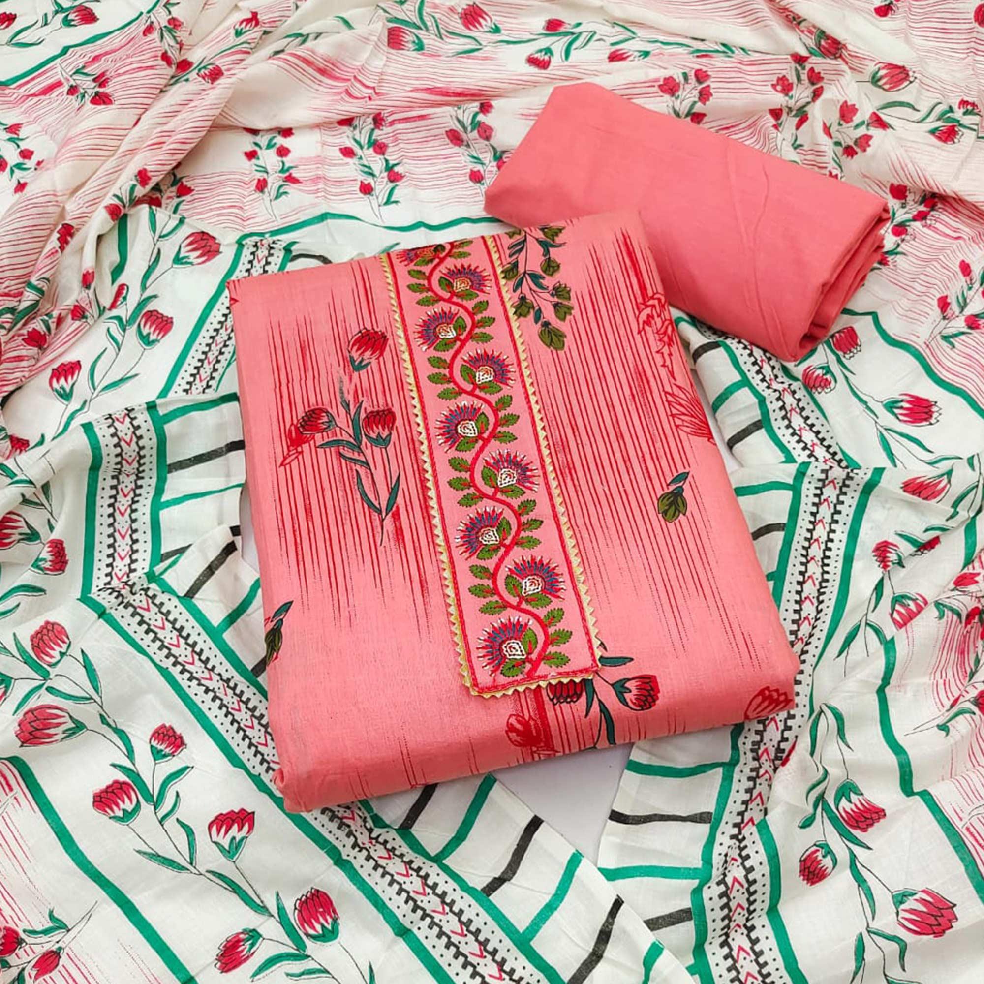 Pink Printed Pure Cotton Dress Material - Peachmode