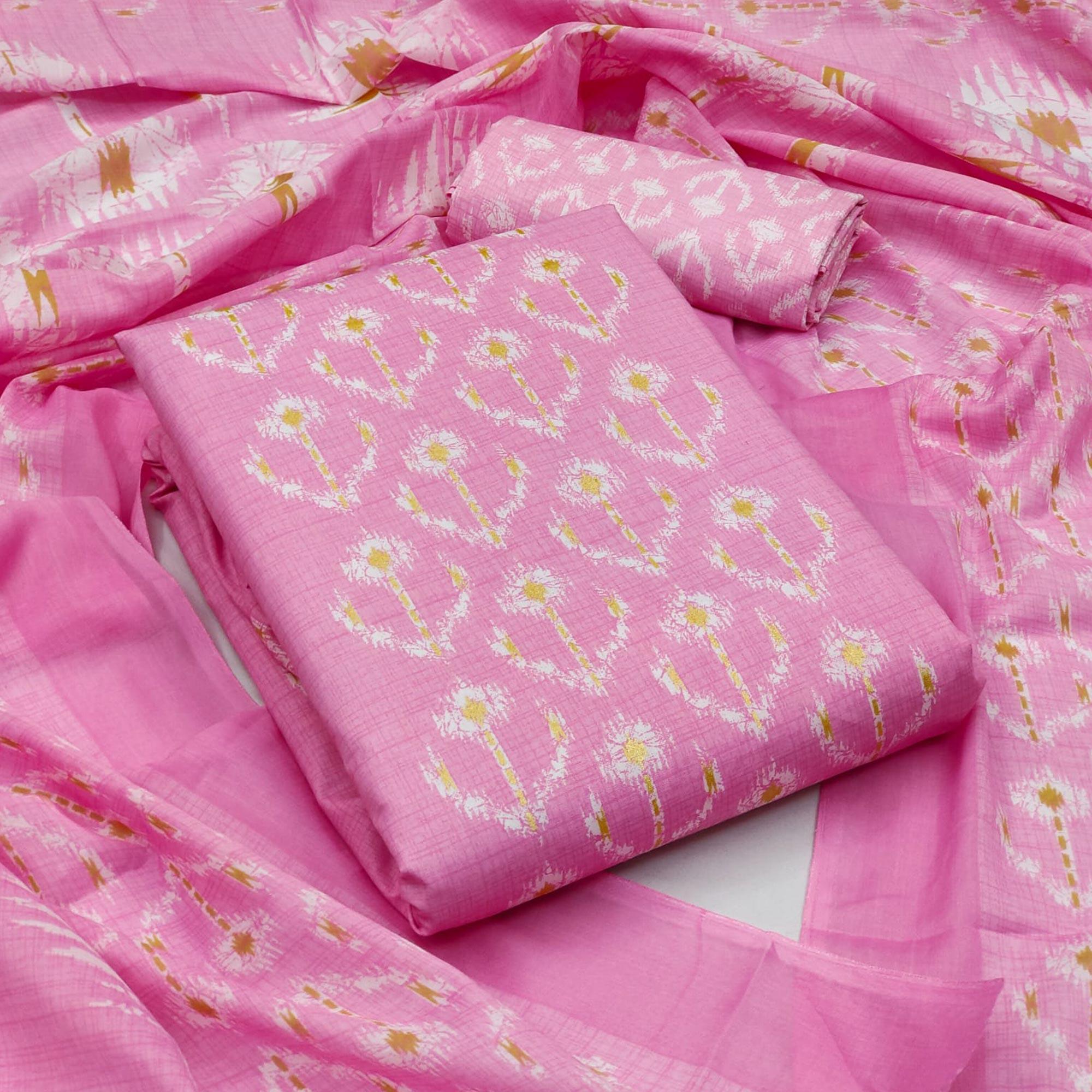 Pink Printed Pure Cotton Dress Material - Peachmode