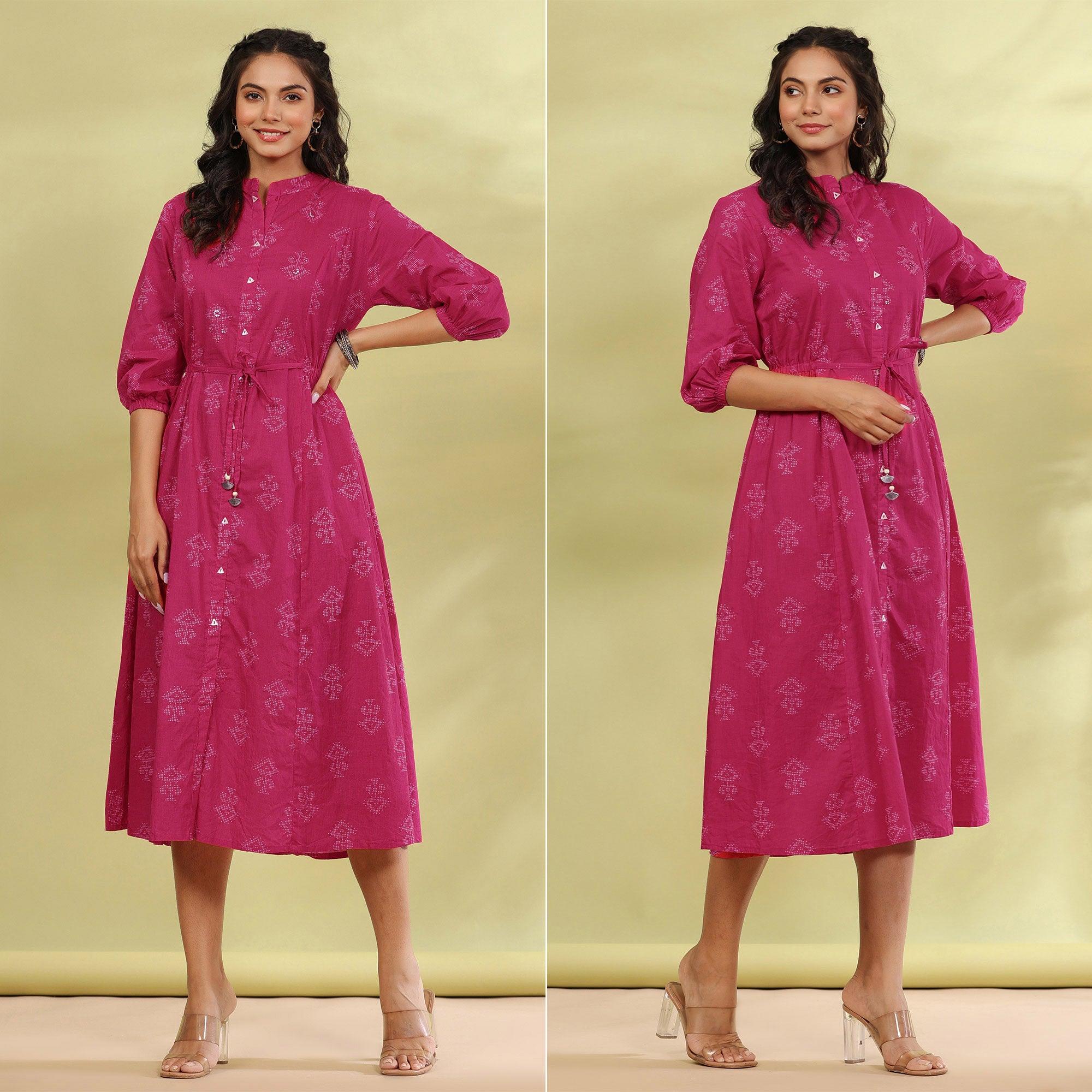 Pink Printed Pure Cotton Dress - Peachmode