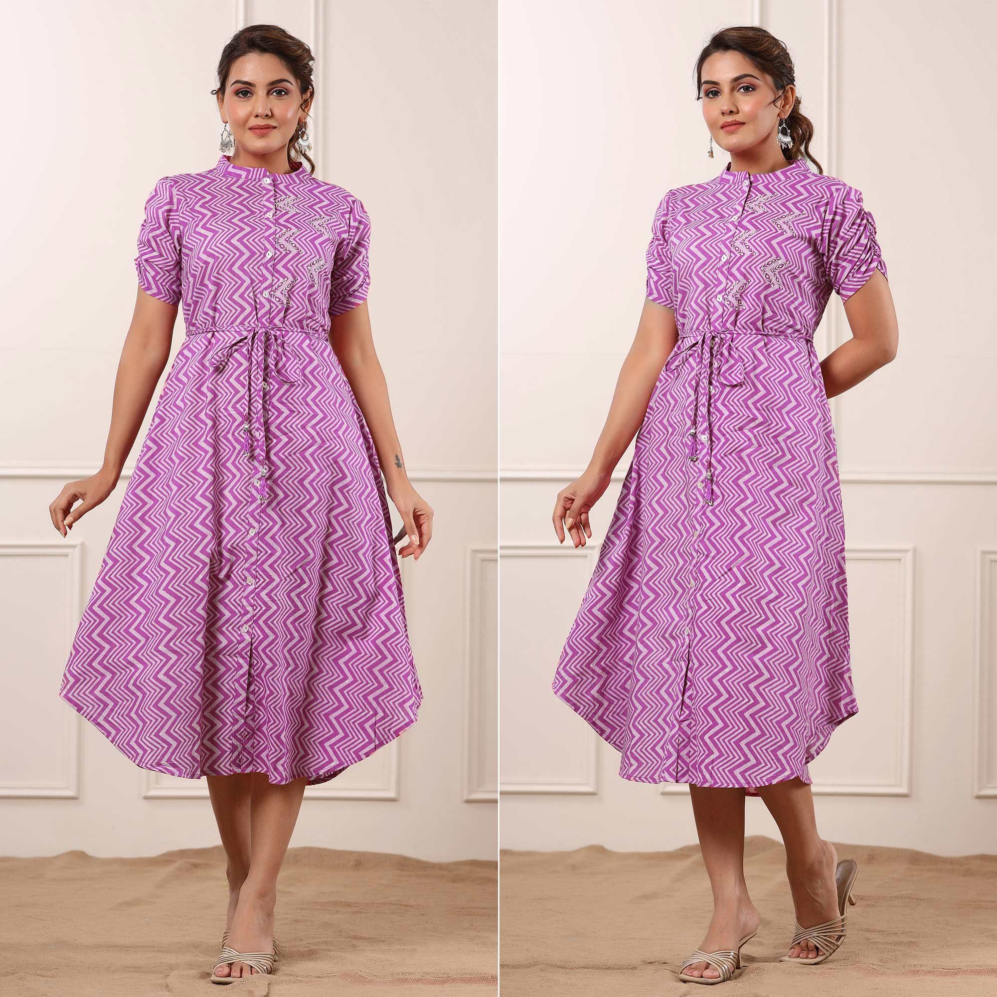 Pink Printed Pure Cotton Dress - Peachmode