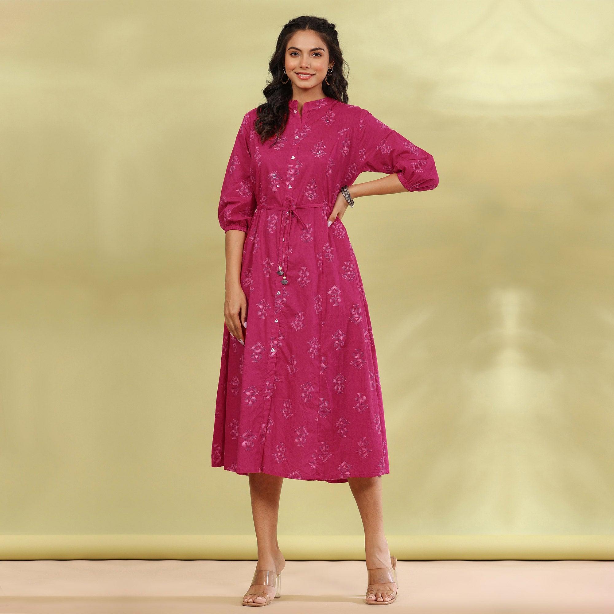 Pink Printed Pure Cotton Dress - Peachmode