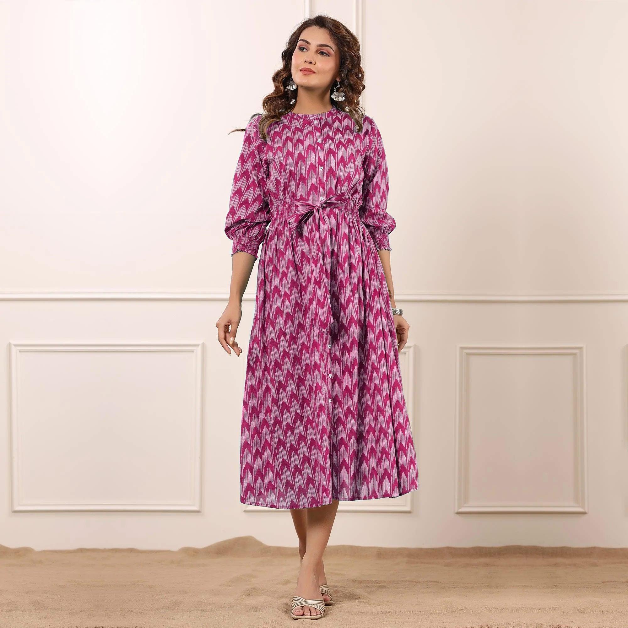 Pink Printed Pure Cotton Dress - Peachmode