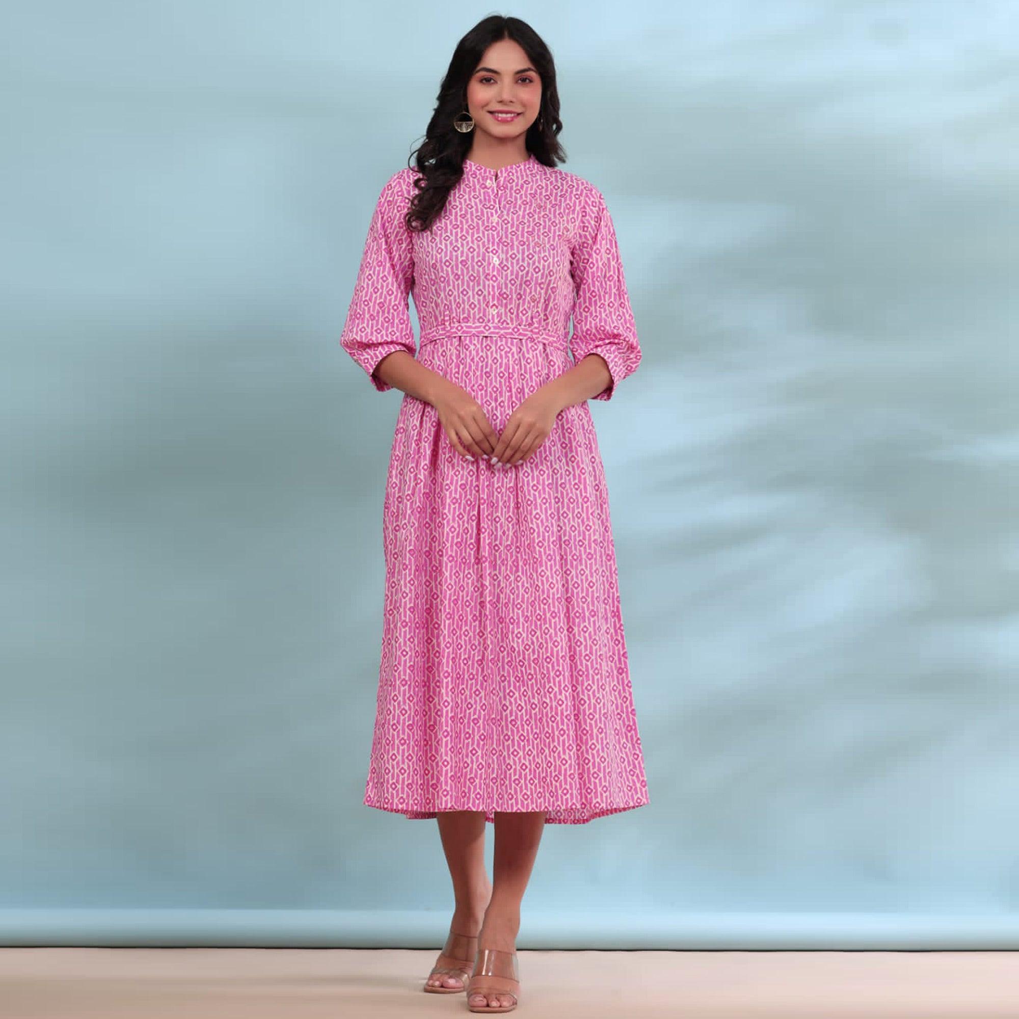 Pink Printed Pure Cotton Dress - Peachmode