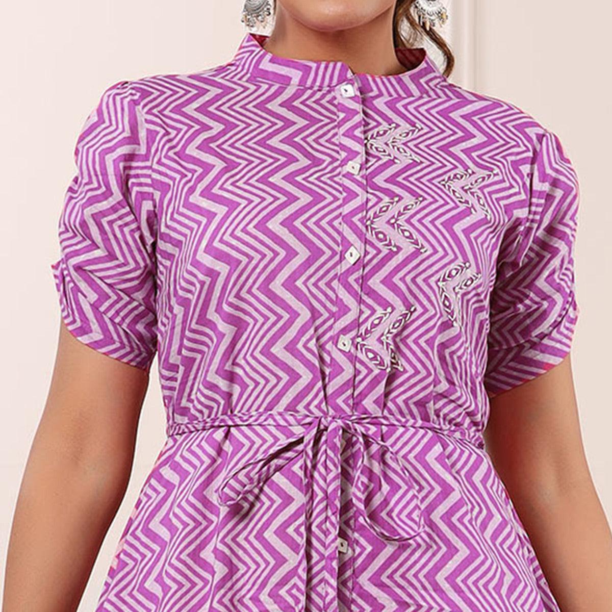 Pink Printed Pure Cotton Dress - Peachmode