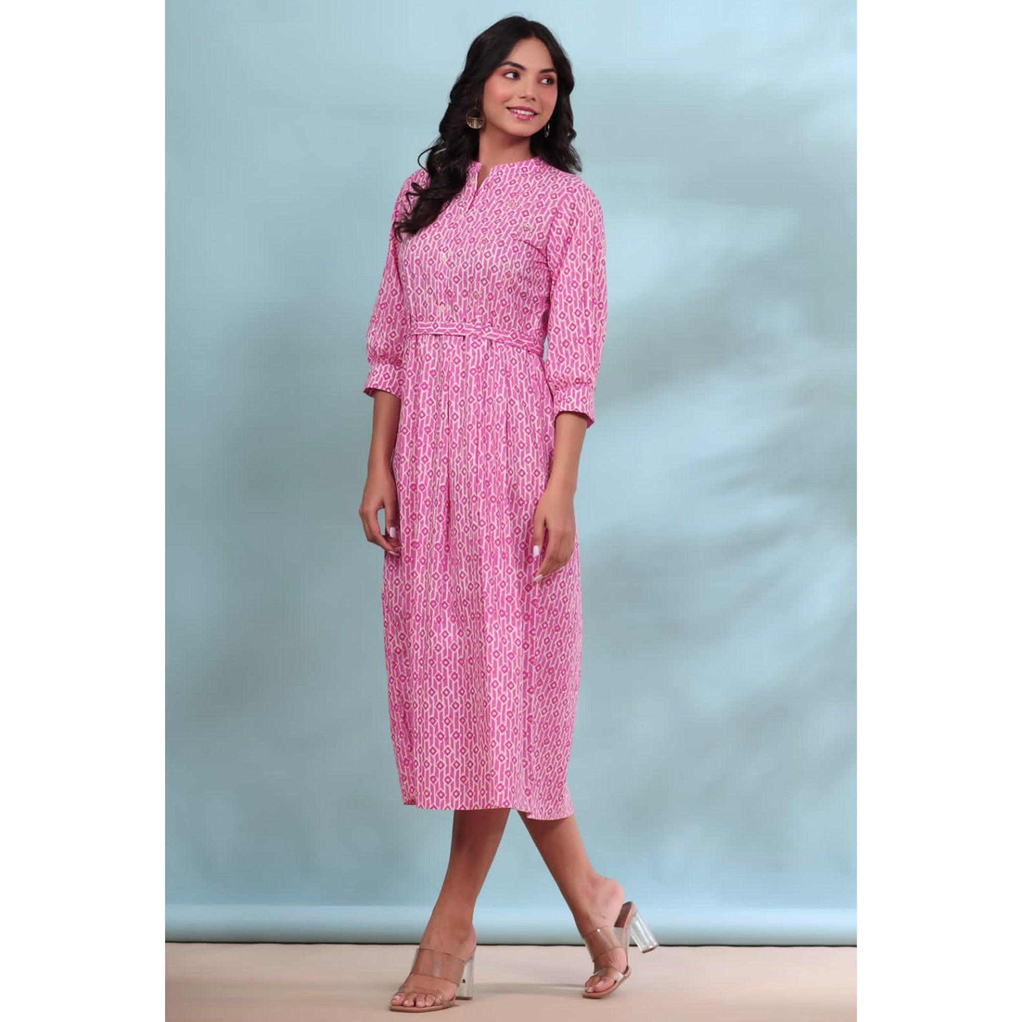 Pink Printed Pure Cotton Dress - Peachmode