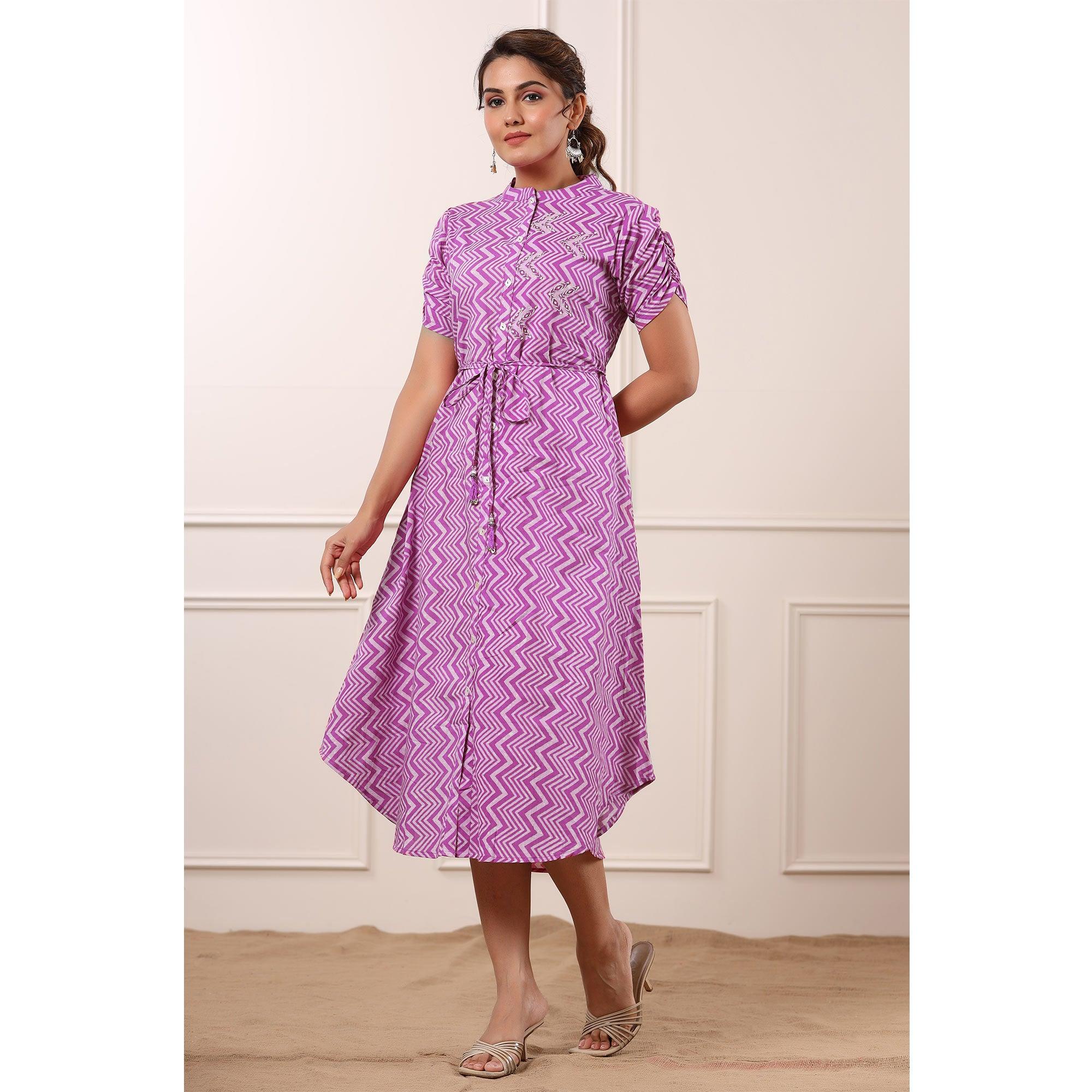Pink Printed Pure Cotton Dress - Peachmode