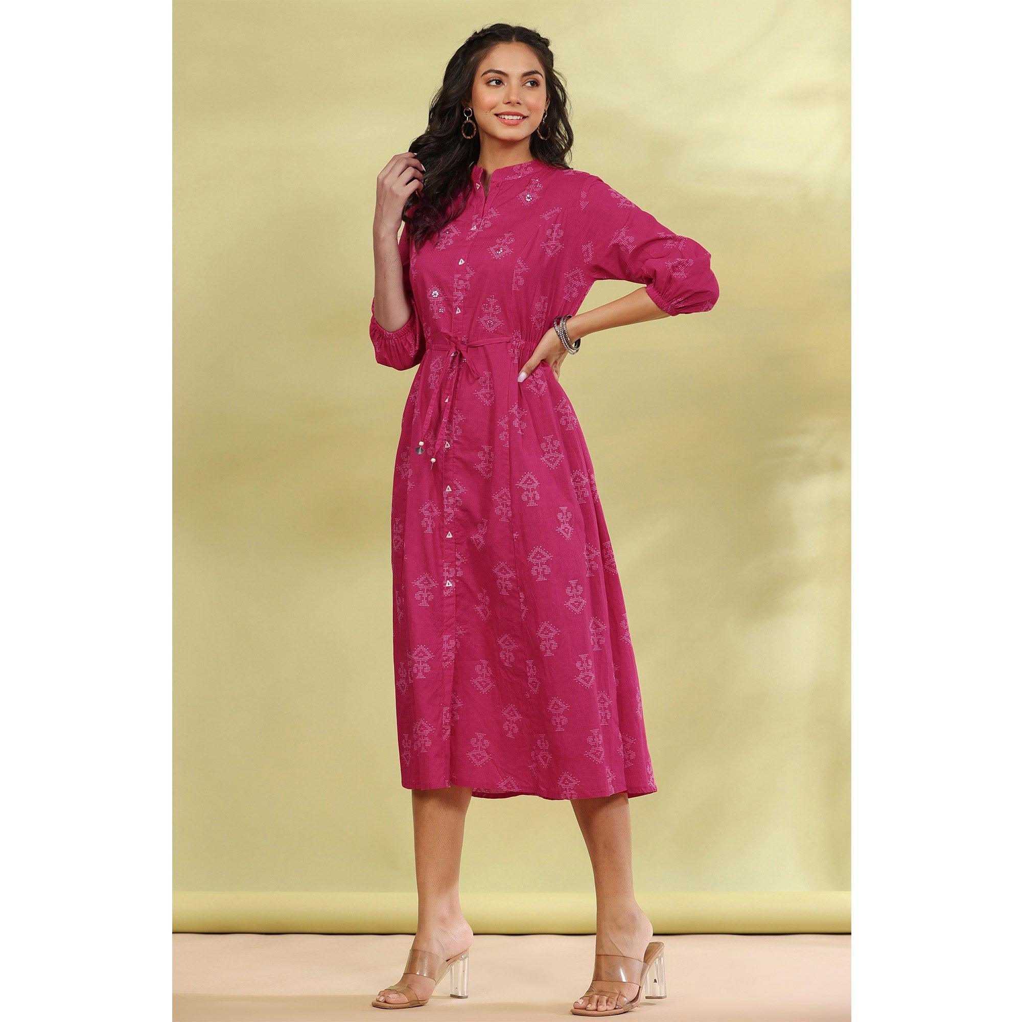 Pink Printed Pure Cotton Dress - Peachmode