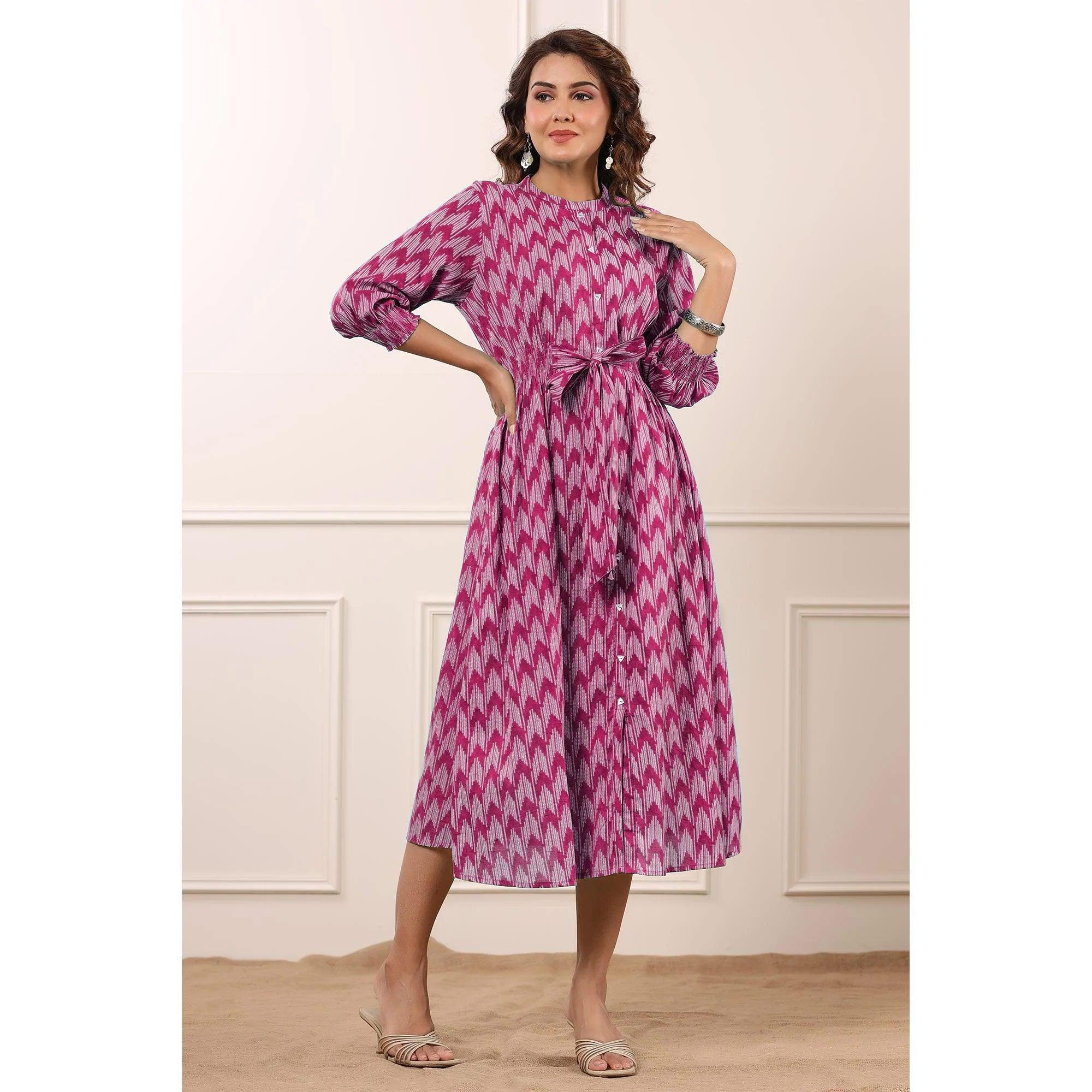 Pink Printed Pure Cotton Dress - Peachmode