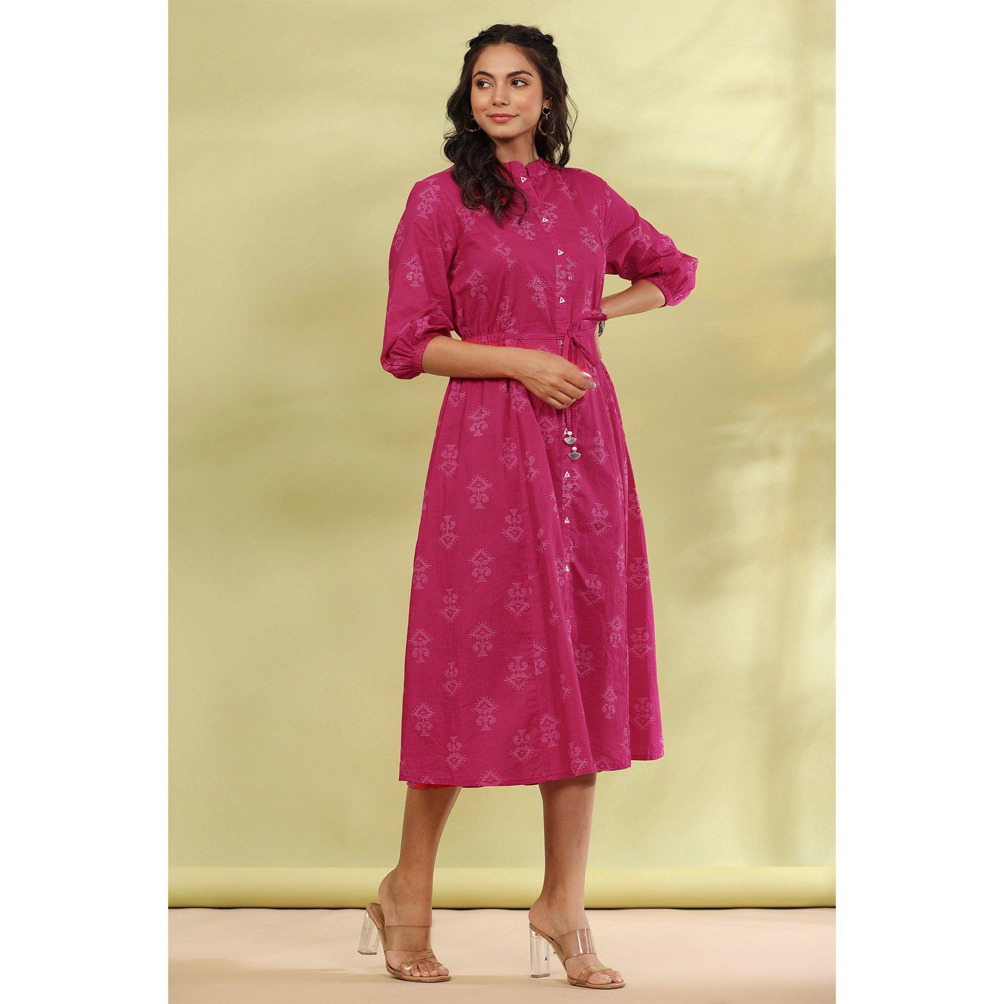 Pink Printed Pure Cotton Dress - Peachmode