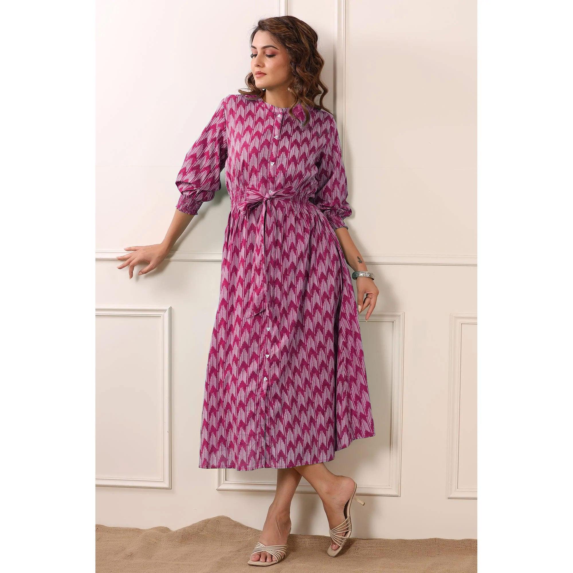 Pink Printed Pure Cotton Dress - Peachmode