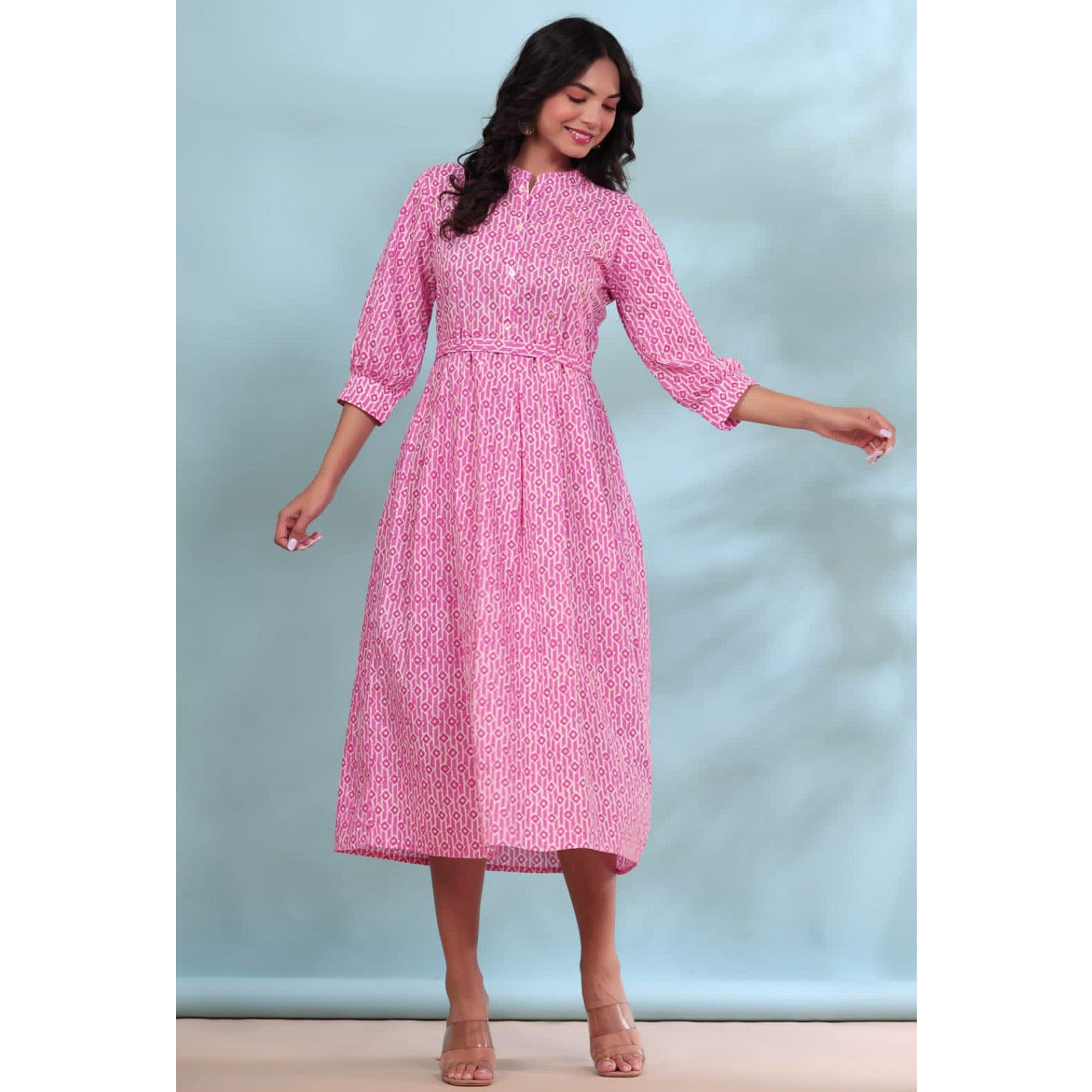 Pink Printed Pure Cotton Dress - Peachmode