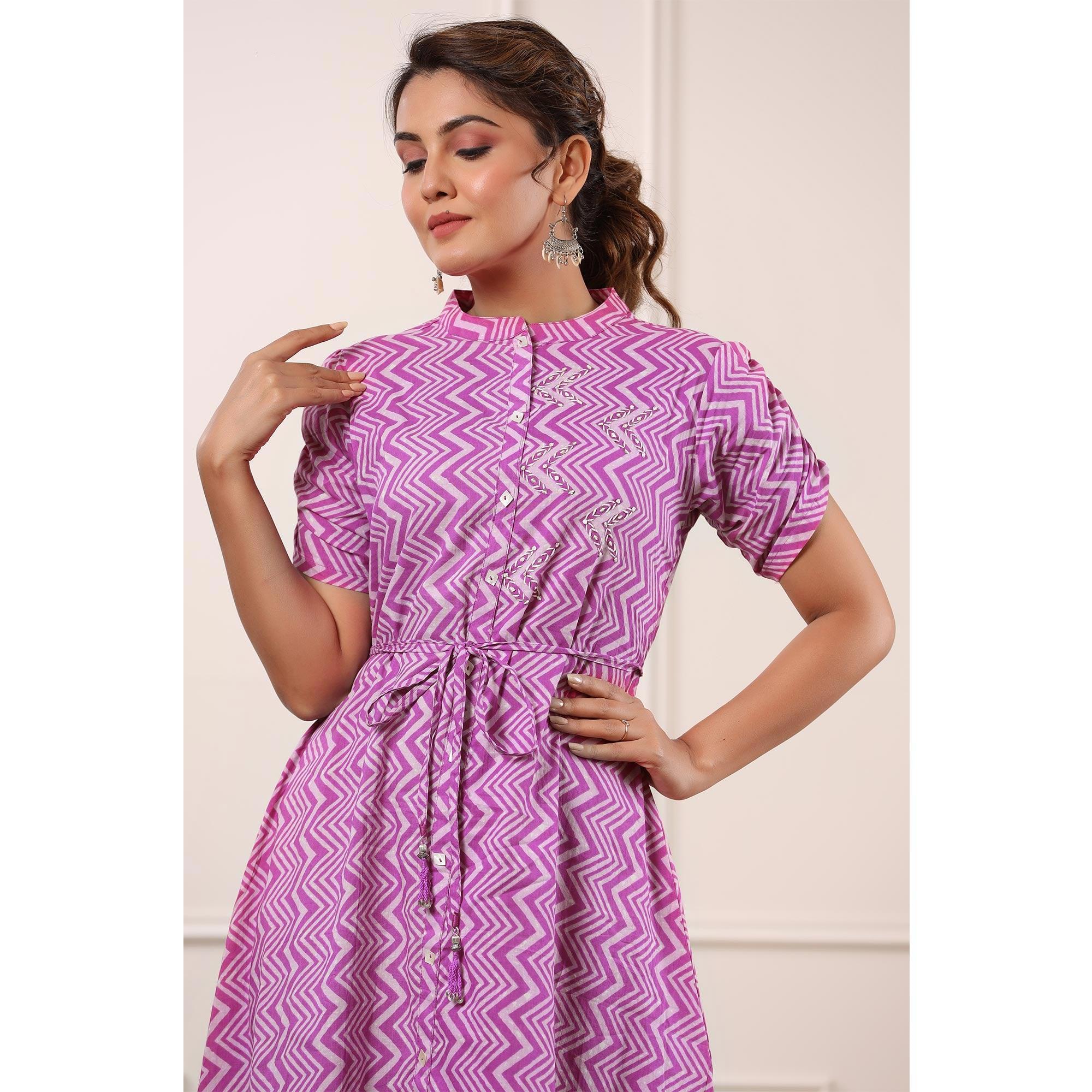 Pink Printed Pure Cotton Dress - Peachmode
