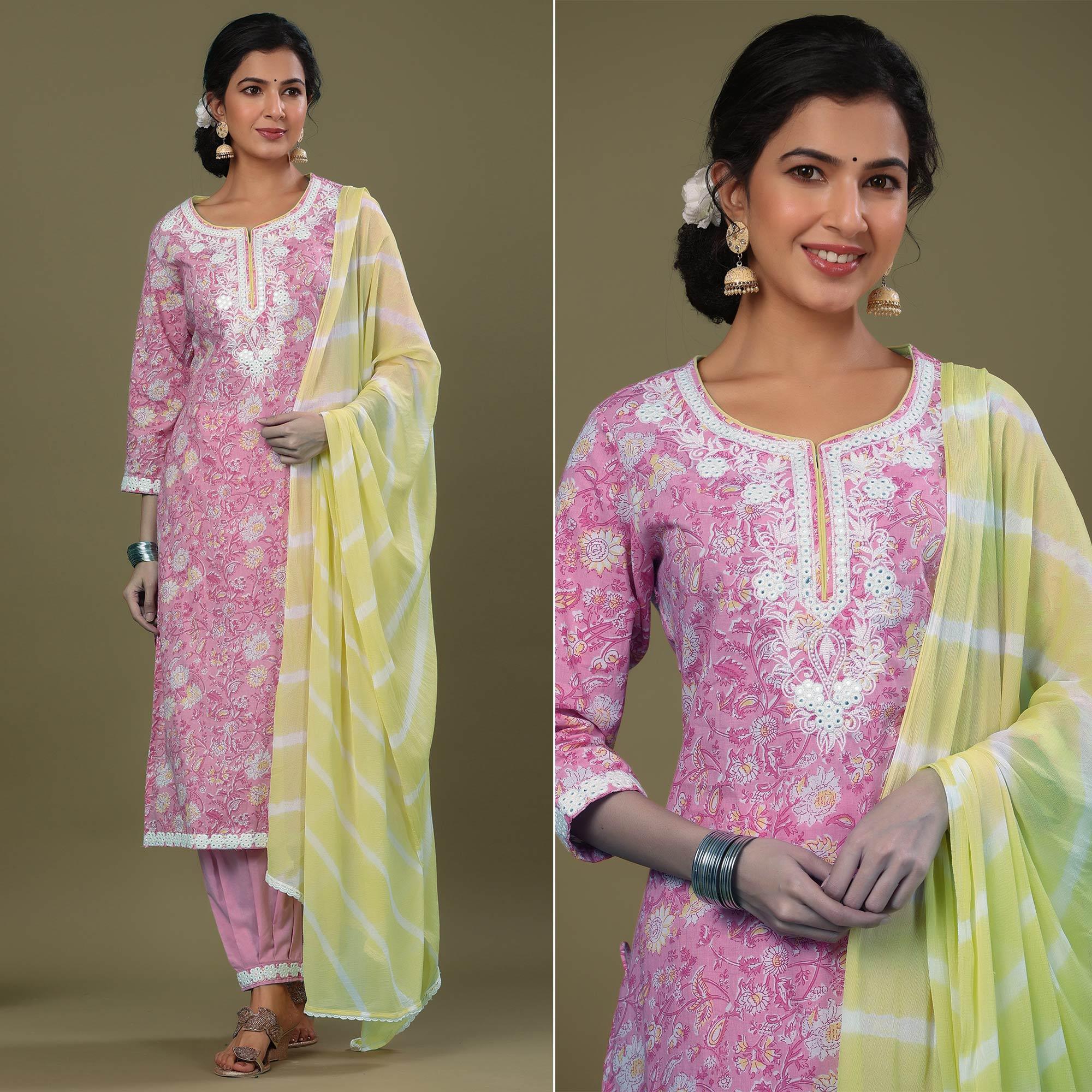 Pink Printed Pure Cotton Kurti Pant Set With Dupatta - Peachmode