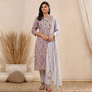 Pink Printed Pure Cotton Kurti Pant Set With Dupatta - Peachmode