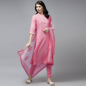 Pink Printed Pure Cotton Kurti Pant Set With Dupatta - Peachmode