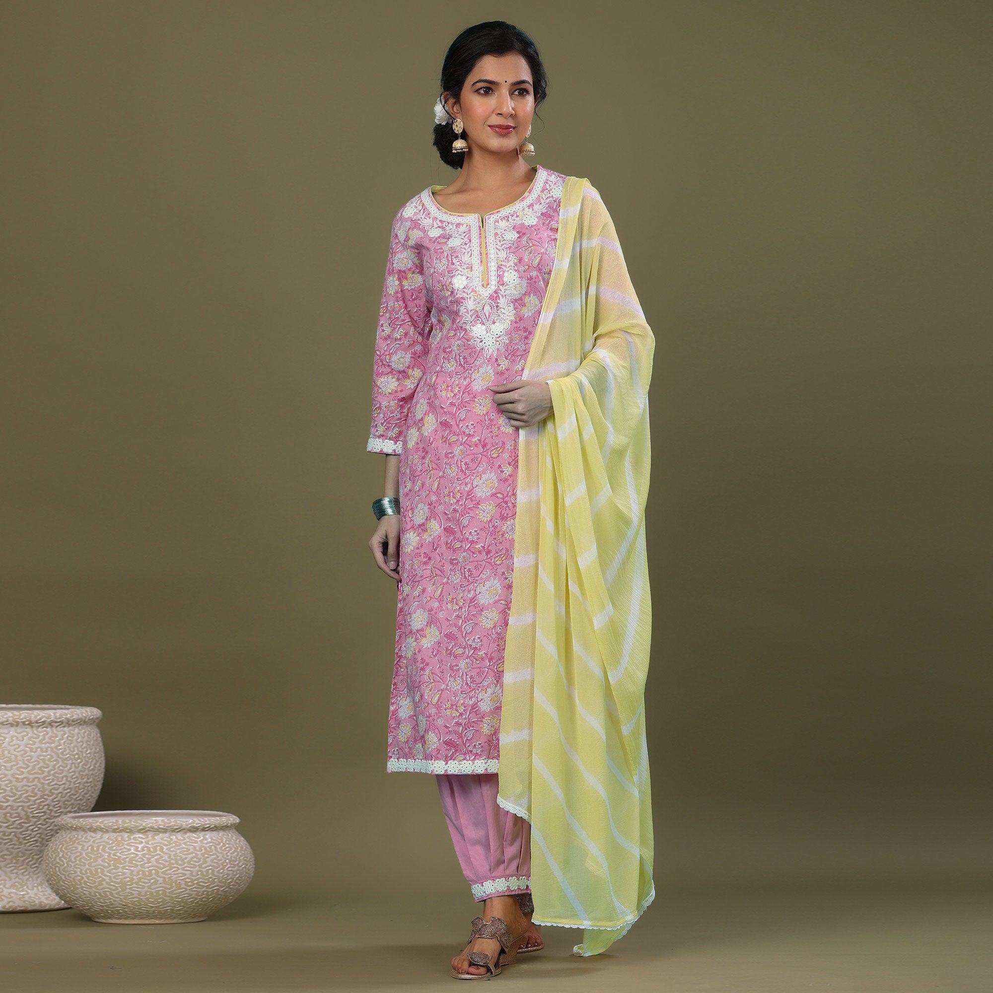 Pink Printed Pure Cotton Kurti Pant Set With Dupatta - Peachmode