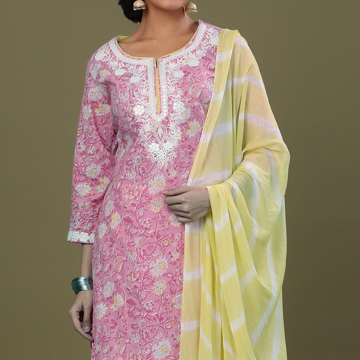 Pink Printed Pure Cotton Kurti Pant Set With Dupatta - Peachmode