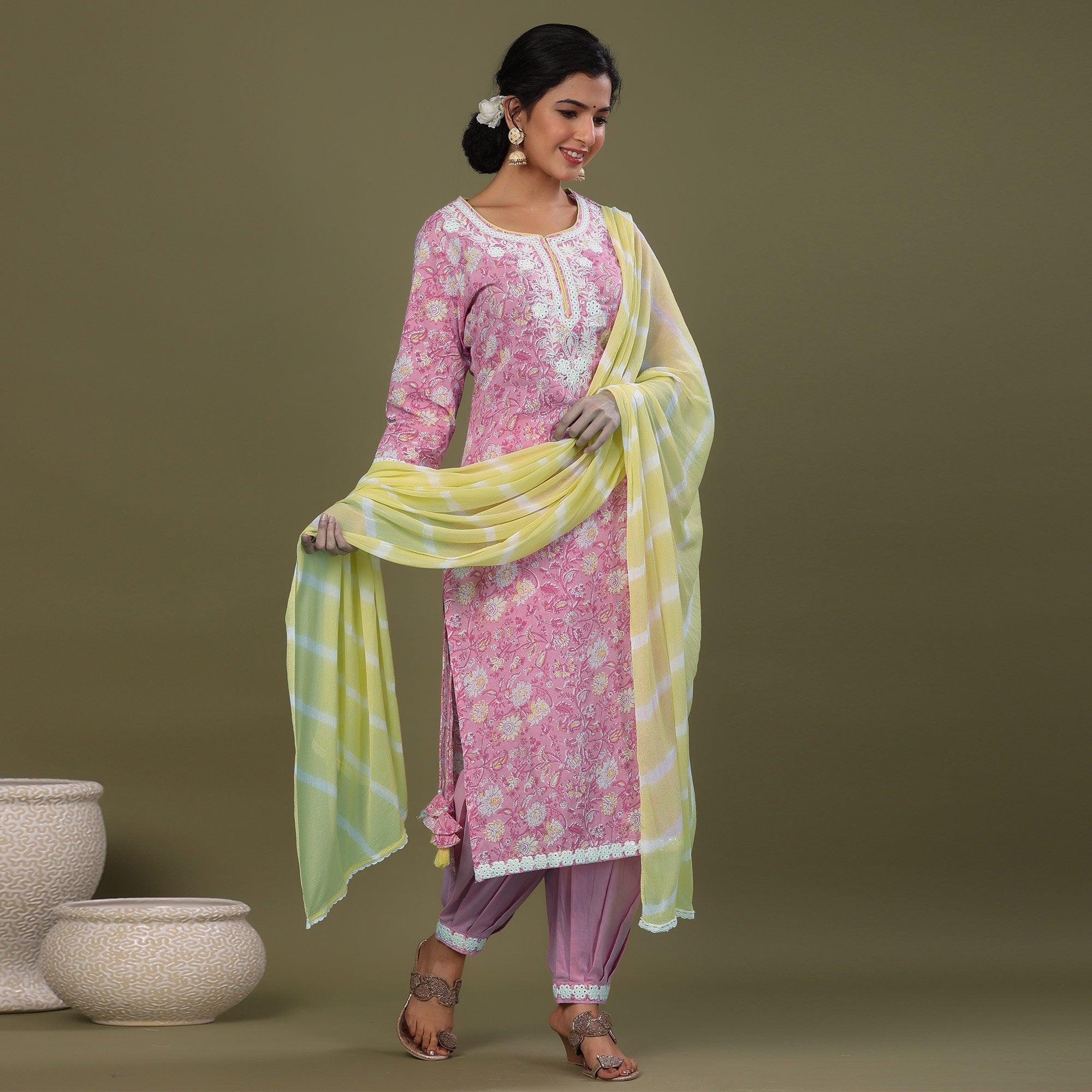 Pink Printed Pure Cotton Kurti Pant Set With Dupatta - Peachmode