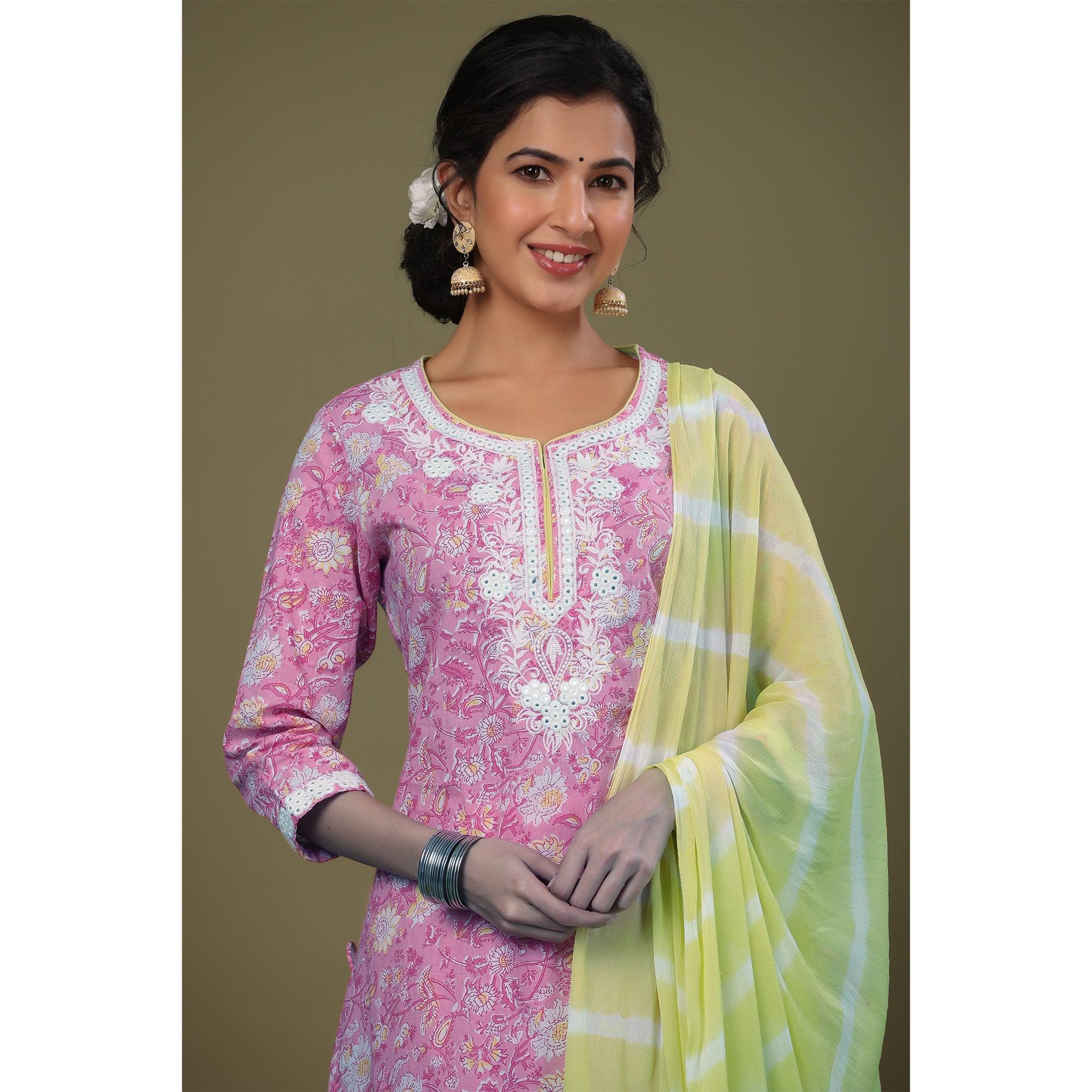 Pink Printed Pure Cotton Kurti Pant Set With Dupatta - Peachmode