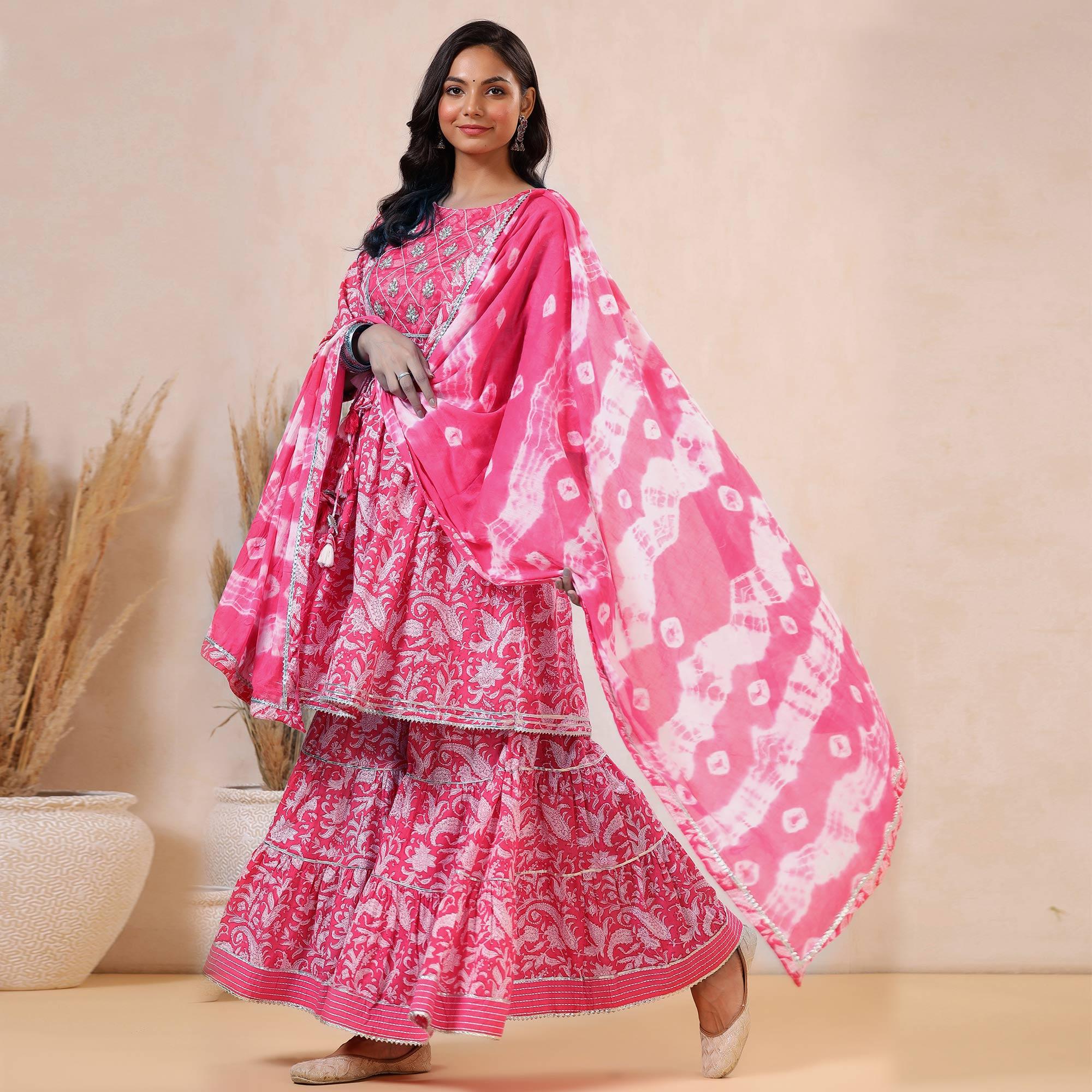 Pink Printed Pure Cotton Sharara Suit - Peachmode