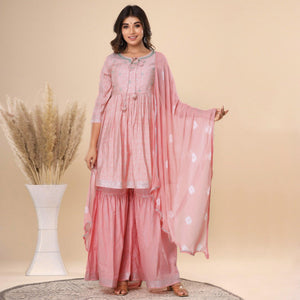 Pink Printed Pure Cotton Sharara Suit - Peachmode