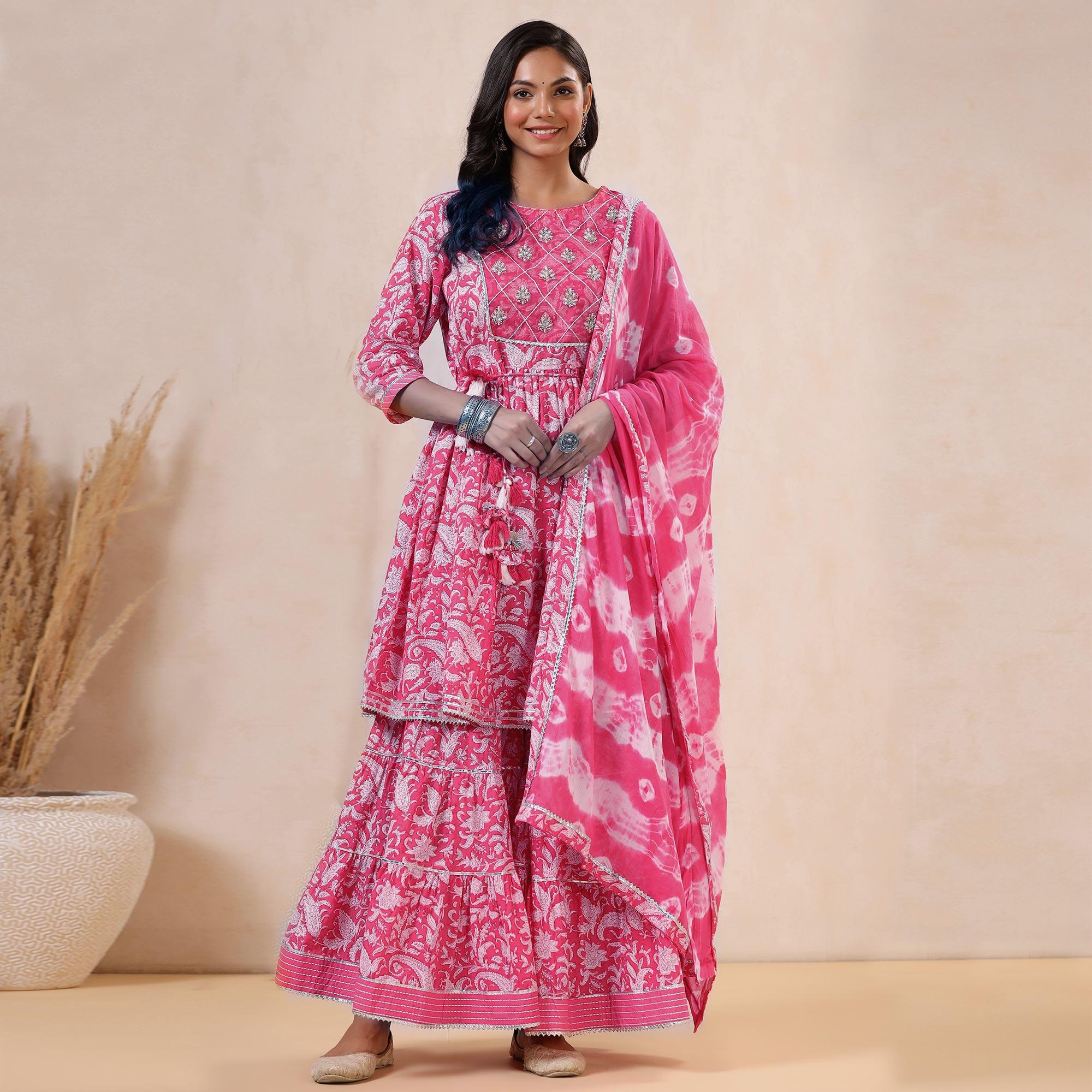 Pink Printed Pure Cotton Sharara Suit - Peachmode