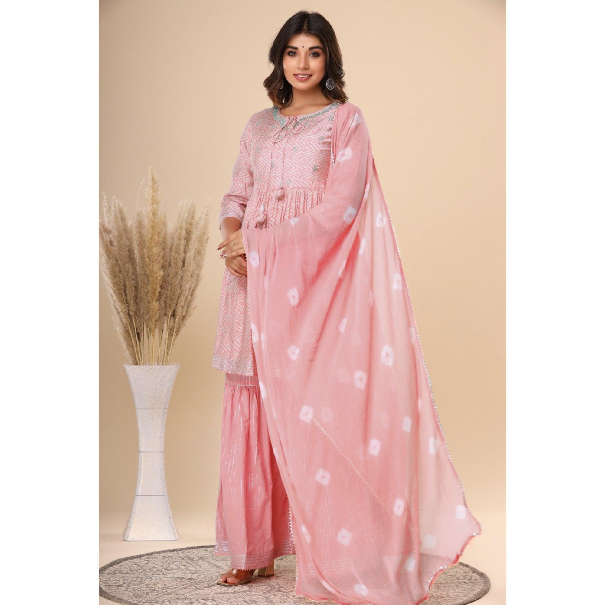 Pink Printed Pure Cotton Sharara Suit - Peachmode